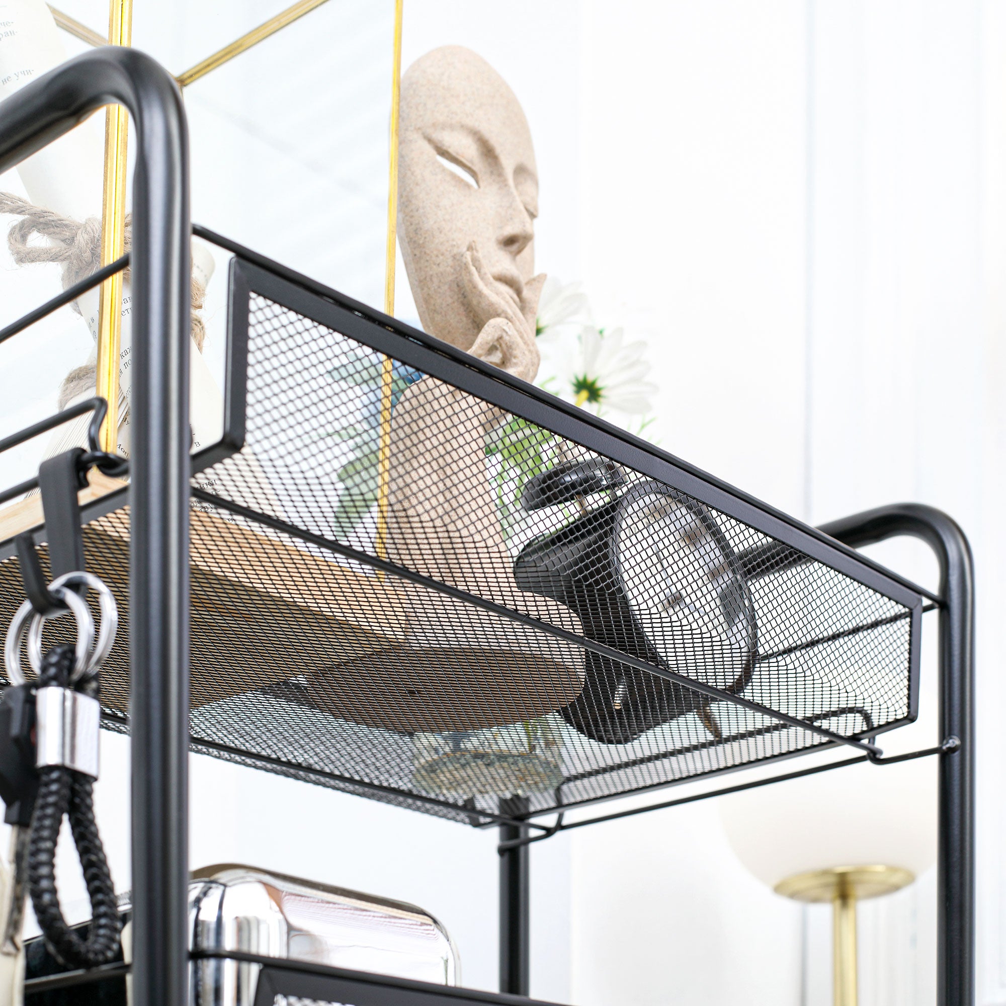 HOMCOM Five-Steel Mesh Basket Storage Trolley, with Wheels - Black - North Peak Garden Furniture