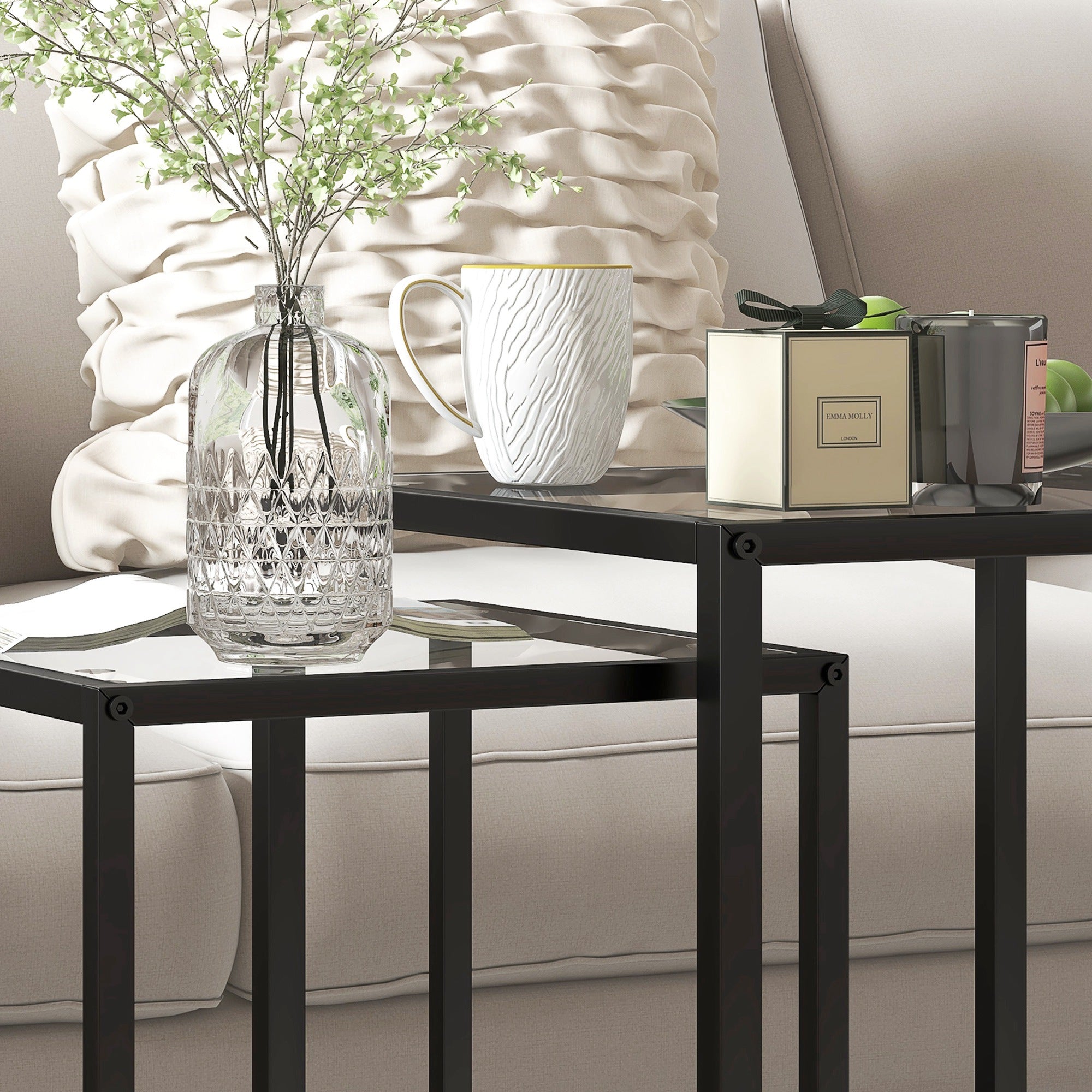 HOMCOM Nesting Tables Set of 2, Side End Table with Tempered Glass Top and Steel Frame for Living Room, Bedroom, Black - North Peak Garden Furniture