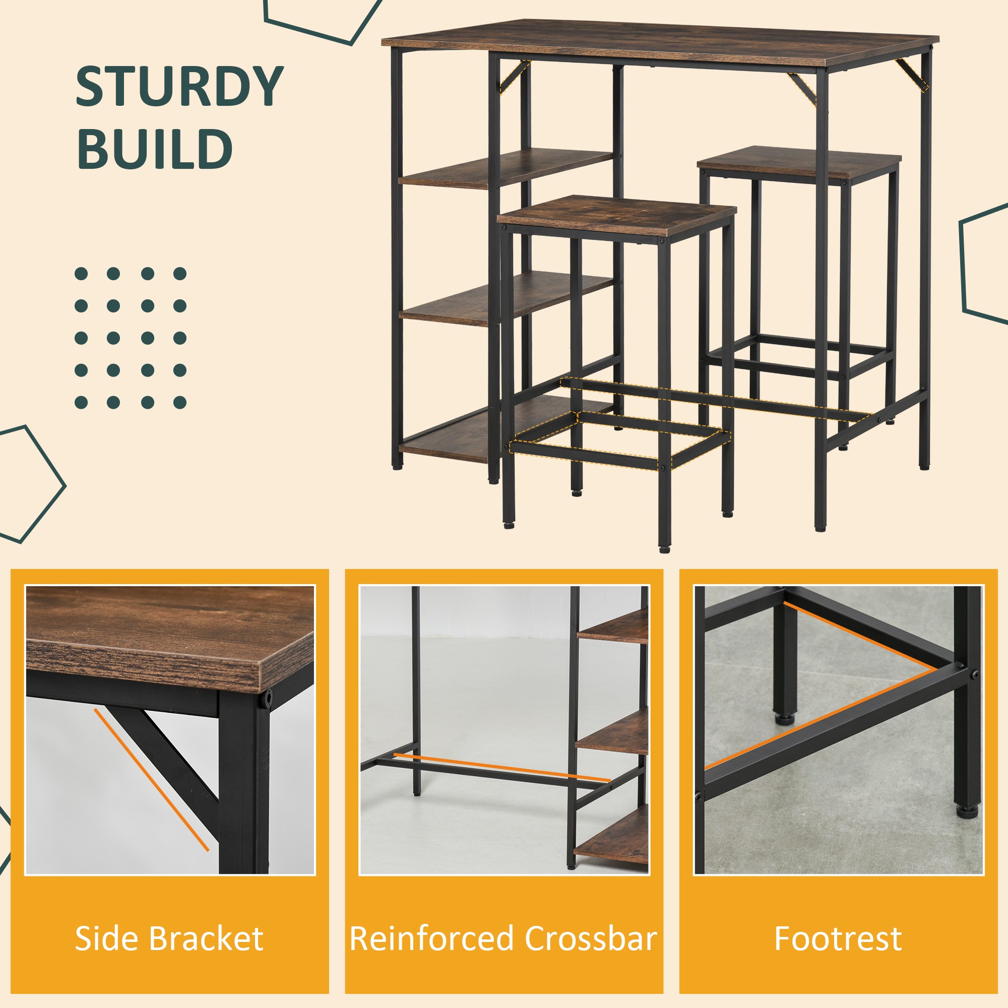 HOMCOM Industrial Bar Height Dining Table Set With 2 Stools & Side Shelf, 3 Pieces Coffee Table for Dining Room, Kitchen, Dinette - North Peak Garden Furniture