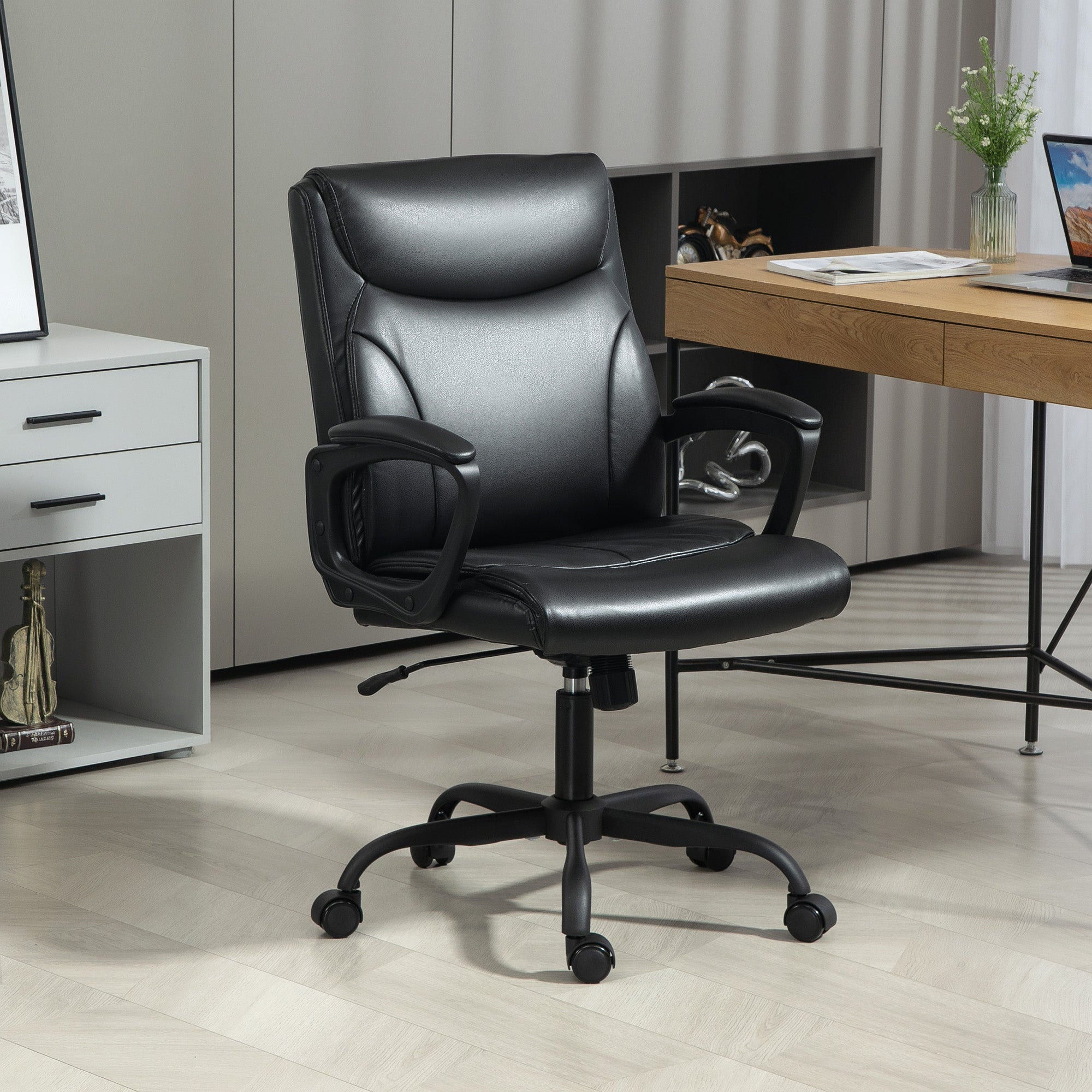 HOMCOM Executive Office Chair, Faux Leather Desk Chair with Height Adjustable, Swivel Wheels and Tilt Function, Computer Chair for Home Office and Study Room, Black - North Peak Garden Furniture