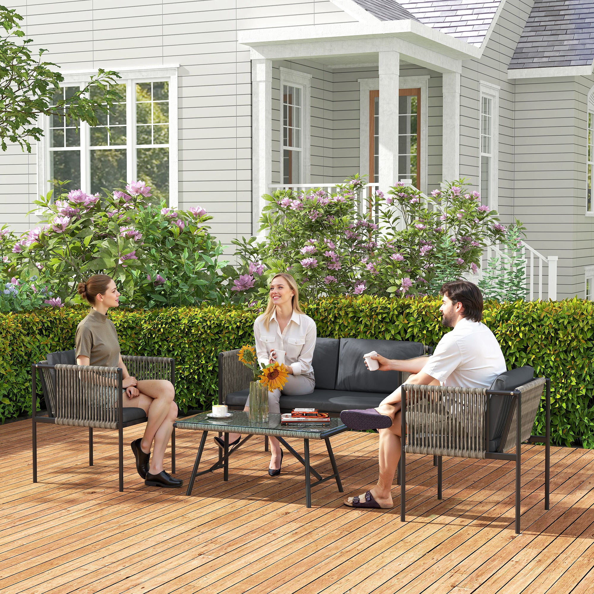 Outsunny 4 Piece Rattan Garden Furniture Set, 4 Seater Wicker Outdoor Furniture Set with 2 Armchairs, Loveseat, Glass Top Coffee Table and Cushions for Balcony, Porch, Grey - North Peak Garden Furniture