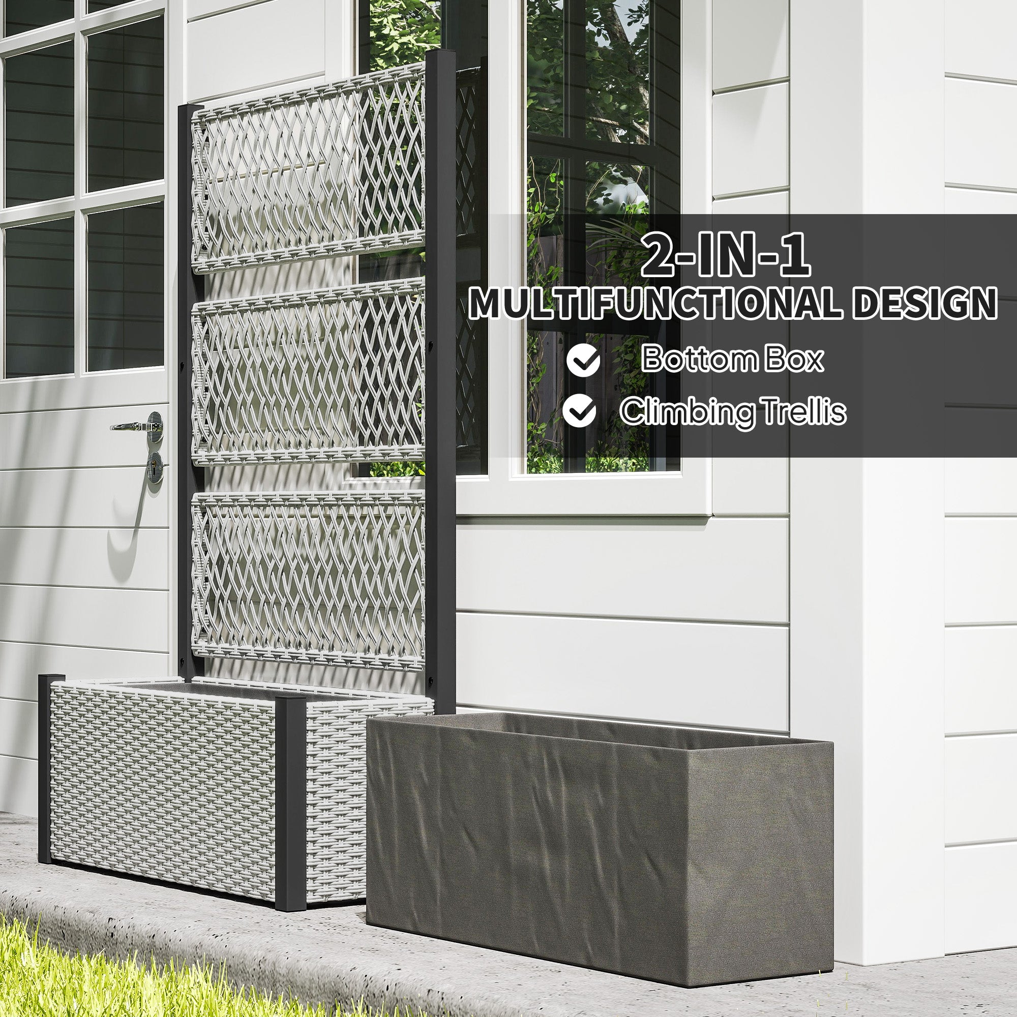 Outsunny Garden Planter Box with Trellis, Liner for Climbing Plants, Vegetables, Flowers, 90 x 35 x 148 cm, Mixed-grey - North Peak Garden Furniture