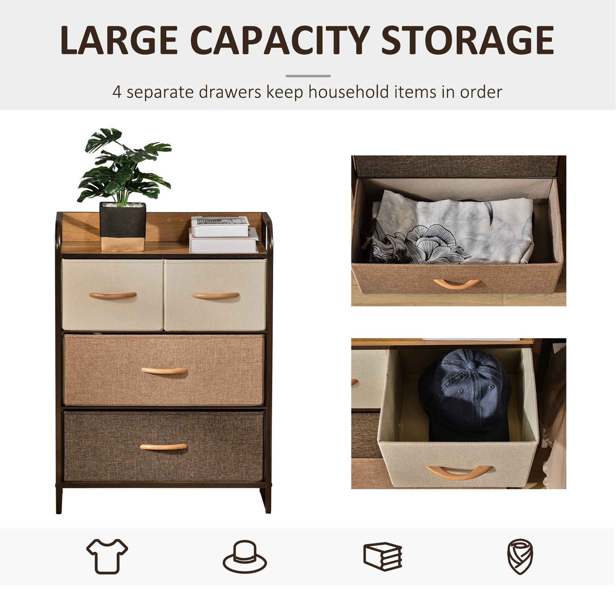 HOMCOM 4-Drawer Dresser, 3-Tier Storage Organizer, Tower Unit for Bedroom Hallway Closets with Steel Frame Wooden Top - North Peak Garden Furniture