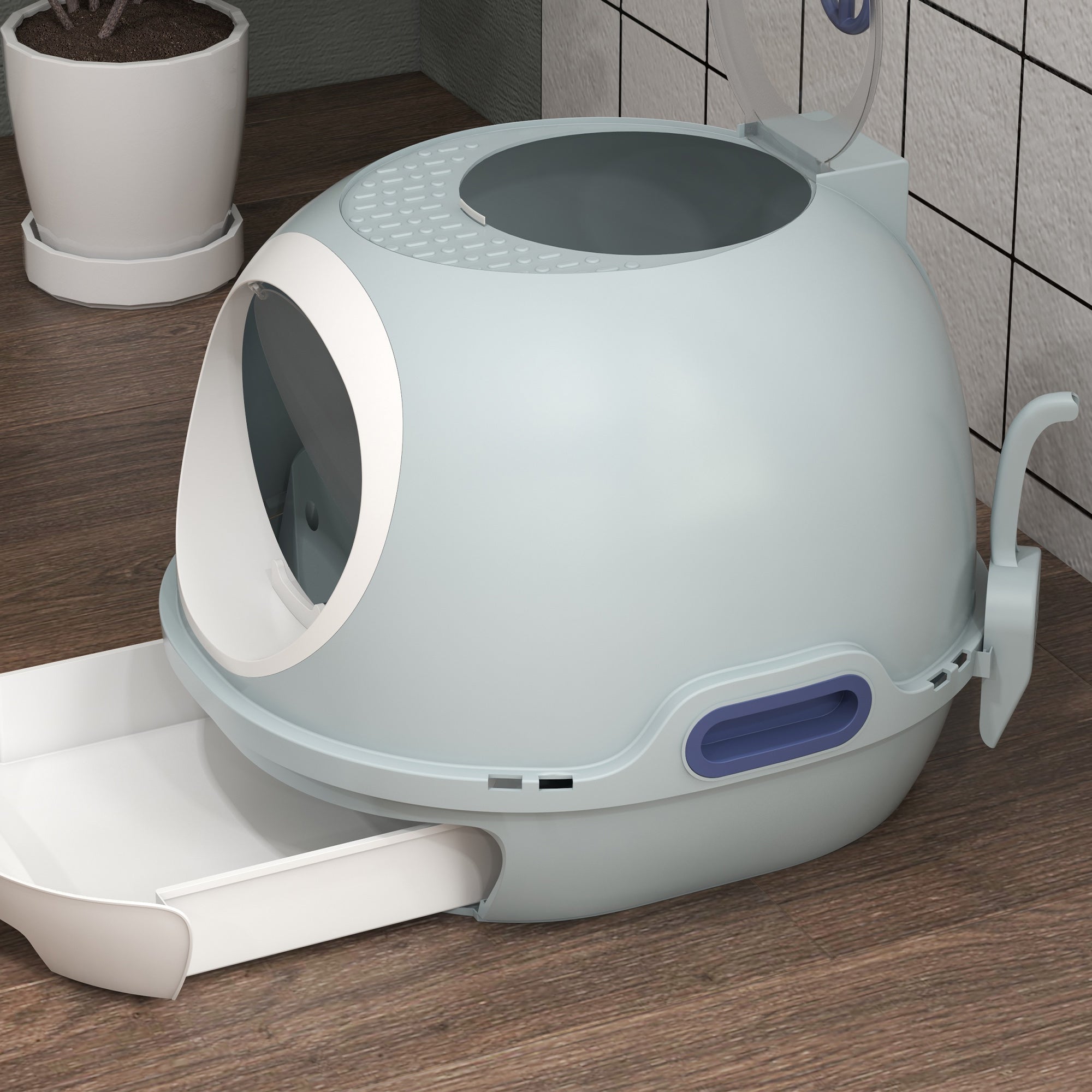 PawHut Cat Litter Box Toilet with Litter Scoop Enclosed Drawer, Front Entry Top Exit, Easy To Clean Blue - North Peak Garden Furniture