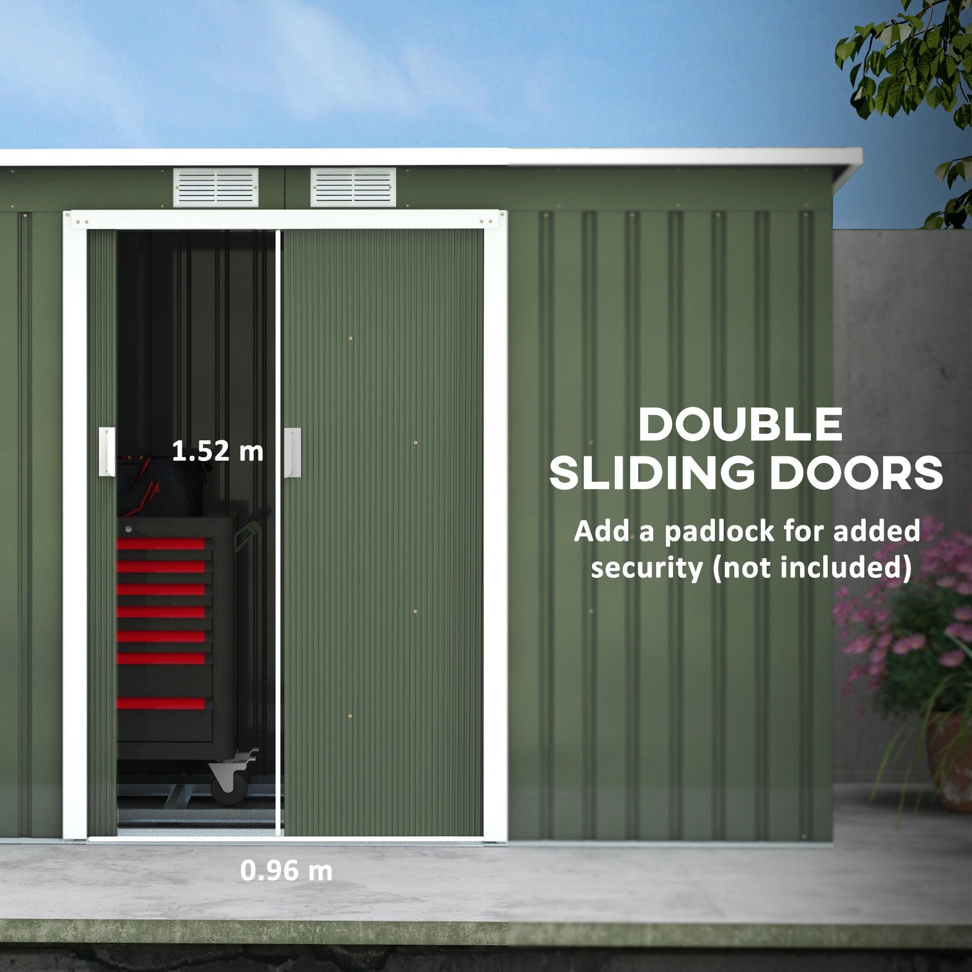 Outsunny 9ft x 4ft Metal Garden Shed, Outdoor Tool House with Foundation Kit, Ventilations and Double Doors, Light Green - North Peak Garden Furniture