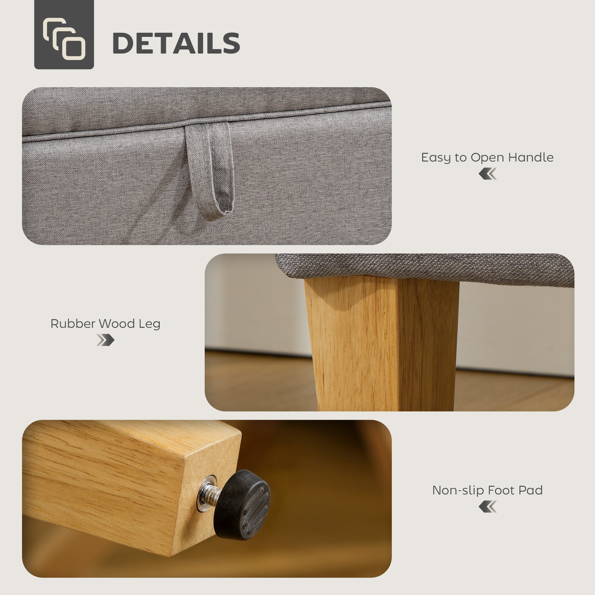 HOMCOM 16L Linen Storage Ottoman Padded Footstool with Rubberwood Legs for Storage Box, Bed End, Shoe Bench, Seating, Light Grey