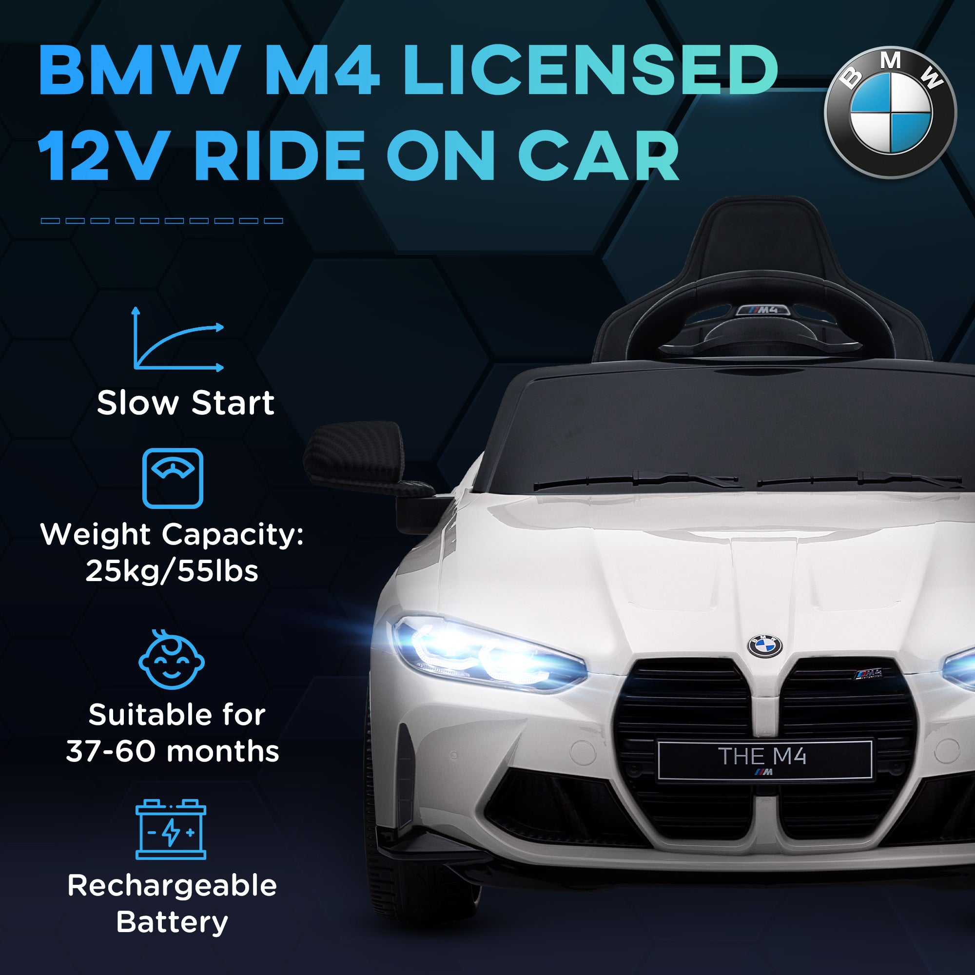AIYAPLAY 12V BMW Licensed Kids Car, with Easy Transport, Remote Control, Suspension, Music, Horn, LED Lights, White - North Peak Garden Furniture