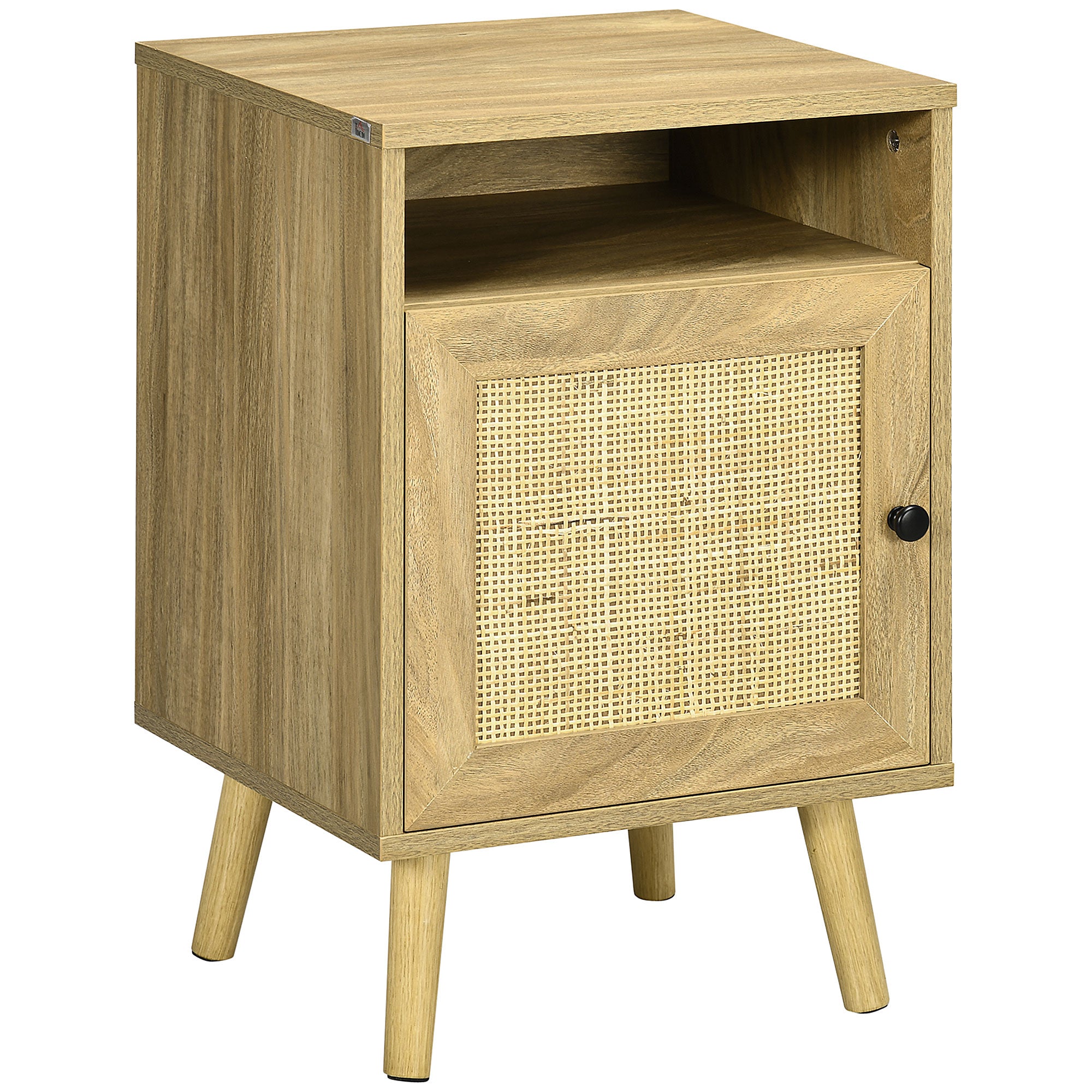 HOMCOM Bedside Table with Rattan Element, Side End Table with Shelf and Cupboard, 39cmx35cmx60cm, Natural - North Peak Garden Furniture