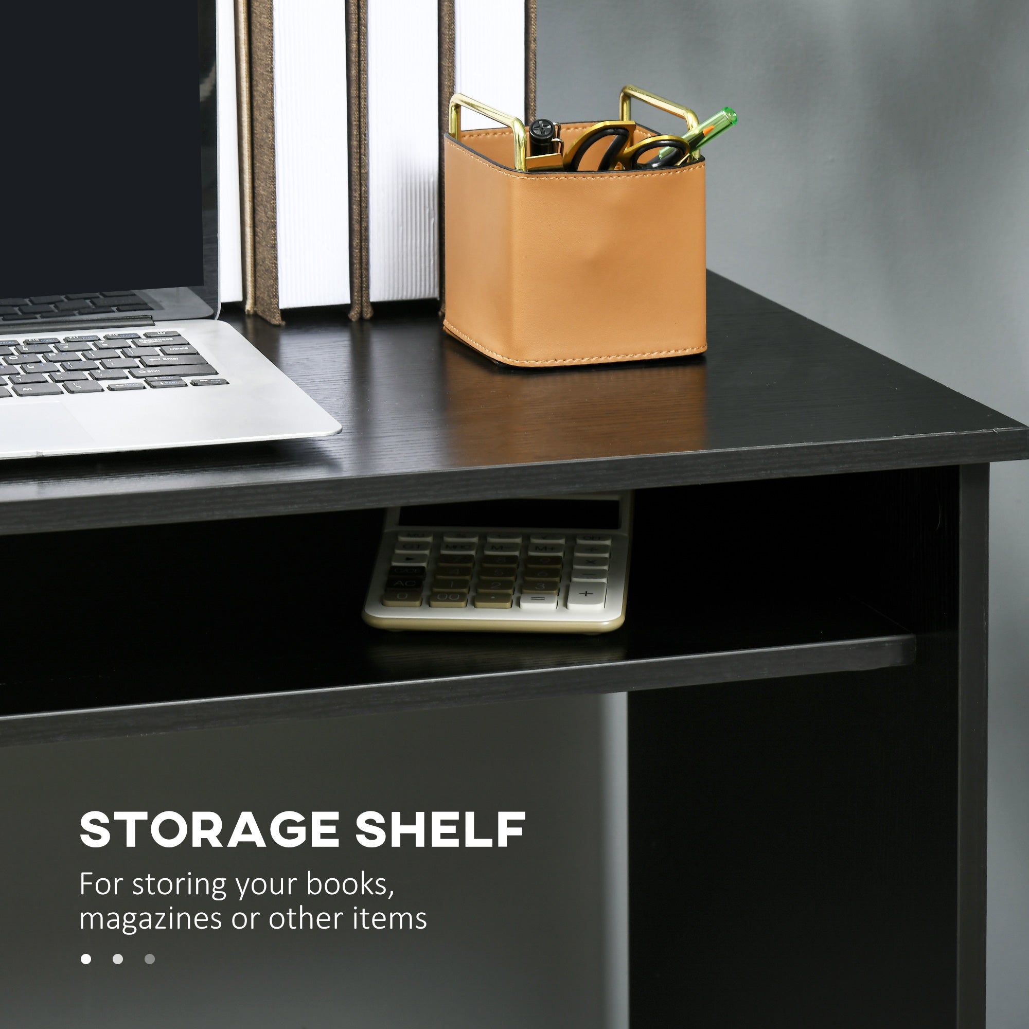 HOMCOM Modern Computer Desk, Home Office Table, Small Writing Desk with Storage Shelf, 90 x 50cm, Black Wood Grain - North Peak Garden Furniture