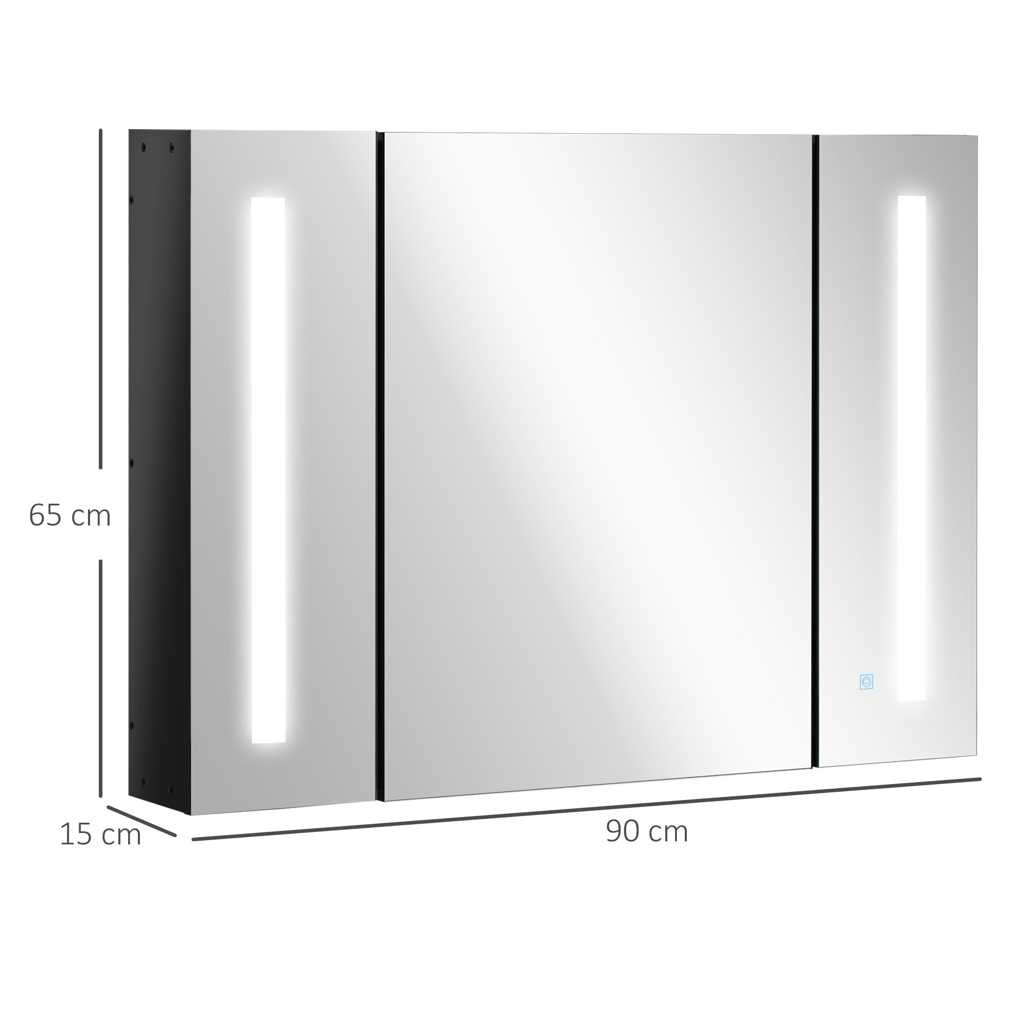 kleankin LED Bathroom Cabinet with Mirror, Wall Mounted Dimmable Brightness Storage Organiser with 3 Mirrored Doors and Adjustable Shelves, Memory Function, USB Charge, High Gloss Black - North Peak Garden Furniture