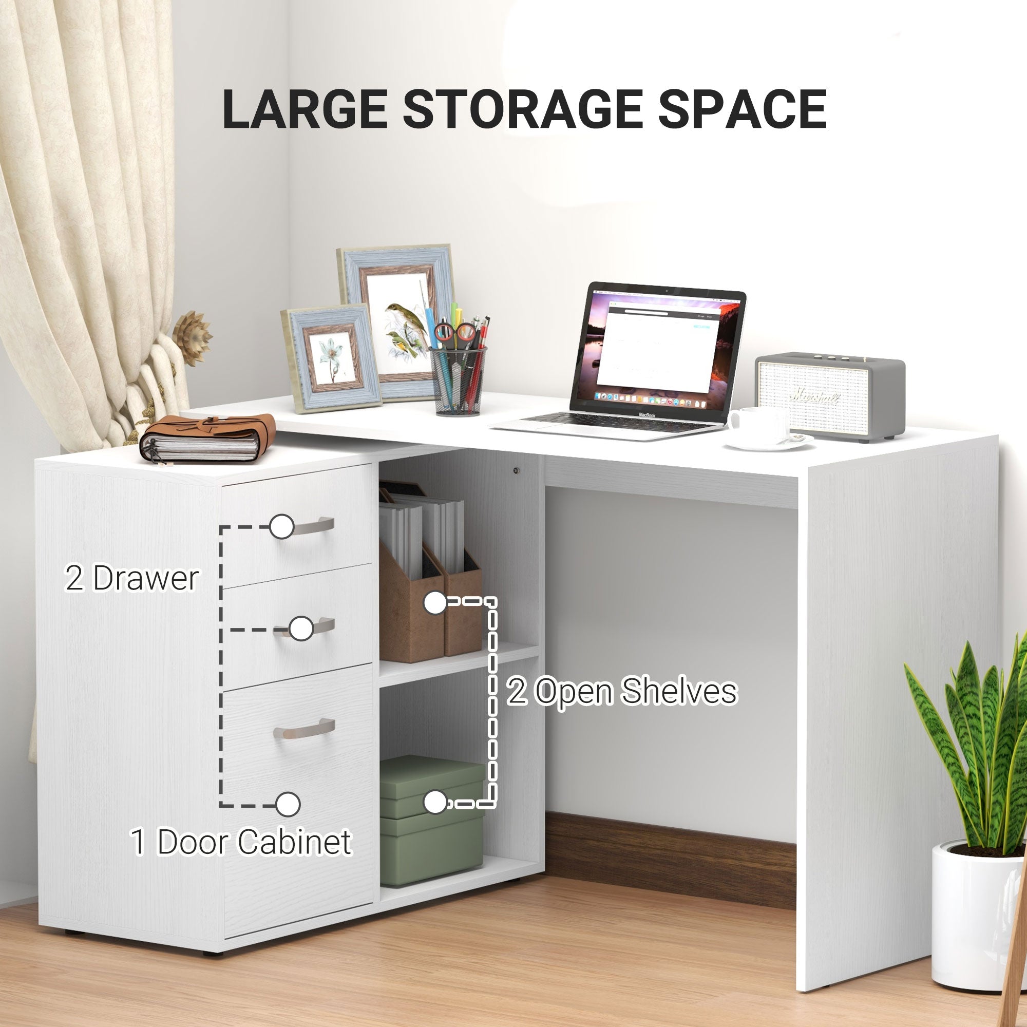 HOMCOM L-Shaped Computer Desk, 2 Shaped Corner Desk with Drawers, File Cabinet and Storage Shelves, Home Office Desk, 117 x 83.5 x 76cm, White - North Peak Garden Furniture