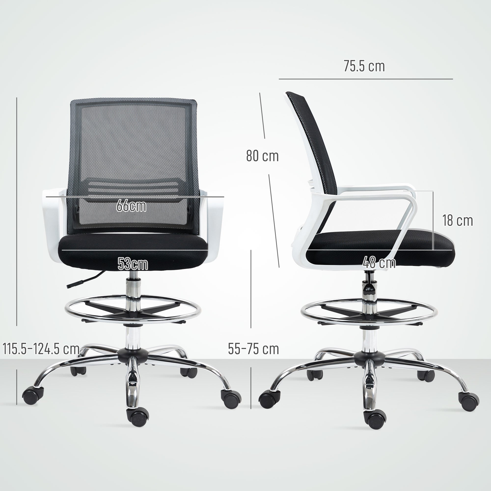 HOMCOM Draughtsman Chair, Mesh Drafting Chair, Ergonomic Office Chair with Lumbar Support, Adjustable Foot Ring, Black - North Peak Garden Furniture
