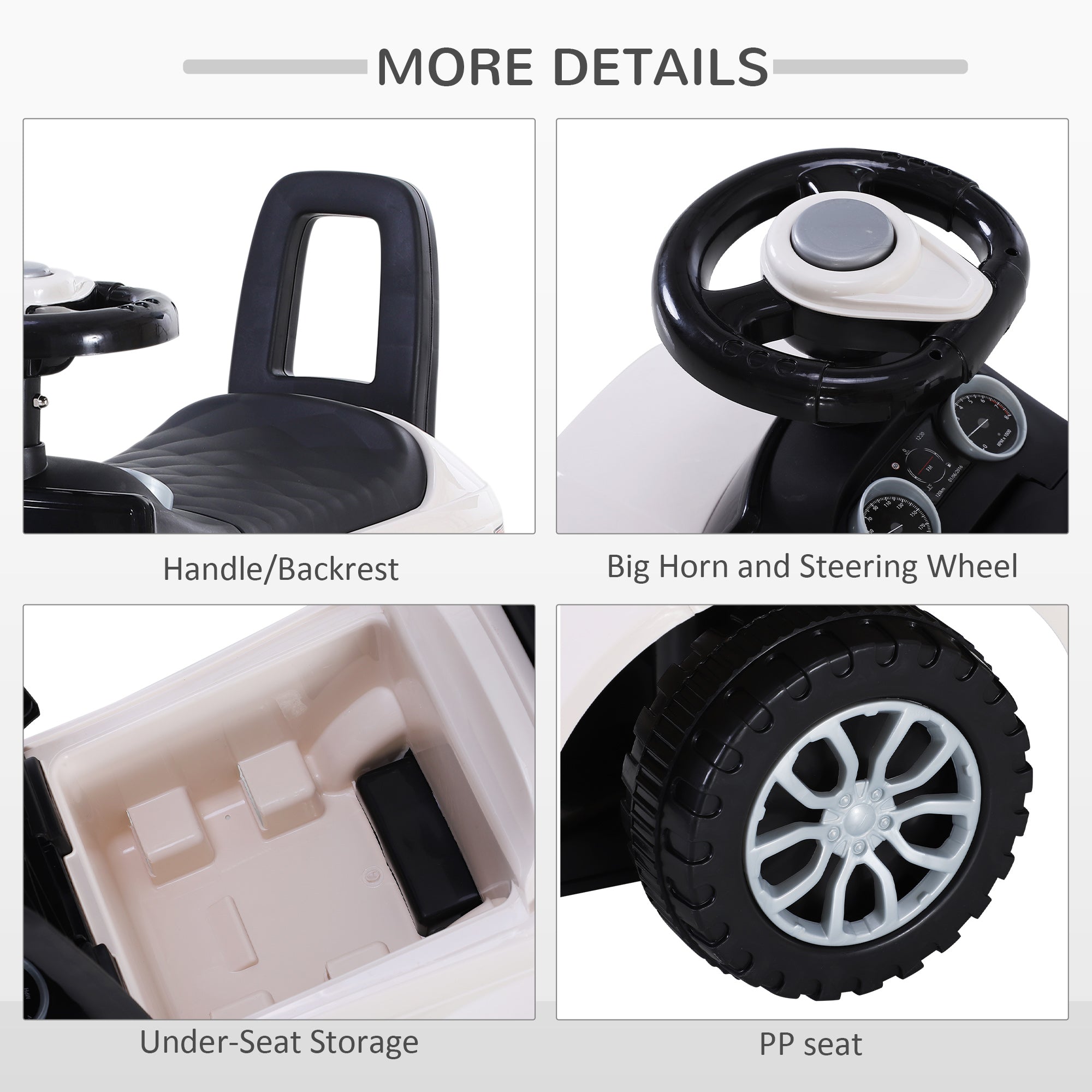 HOMCOM 3-in-1 Ride On Car Foot To Floor Slider Toddler w/ Horn Steering Wheel NO POWER Manual Under Seat Storage Safe Design for 1-3 Year Old White - North Peak Garden Furniture