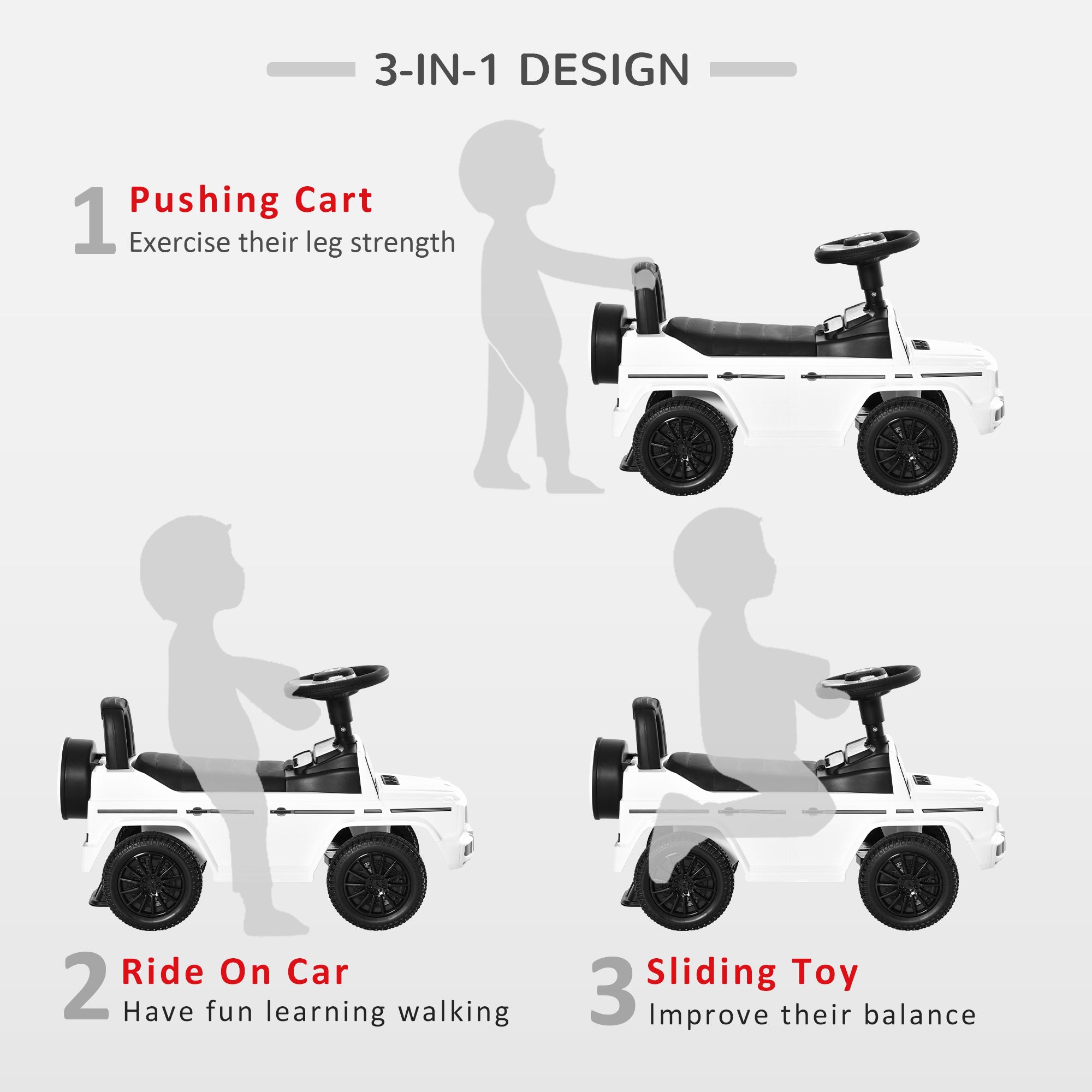HOMCOM 3 in 1 Kids Ride On Car G350 Licensed Foot To Floor Slider Toddler Push Along NO POWER White 12-36 months - North Peak Garden Furniture