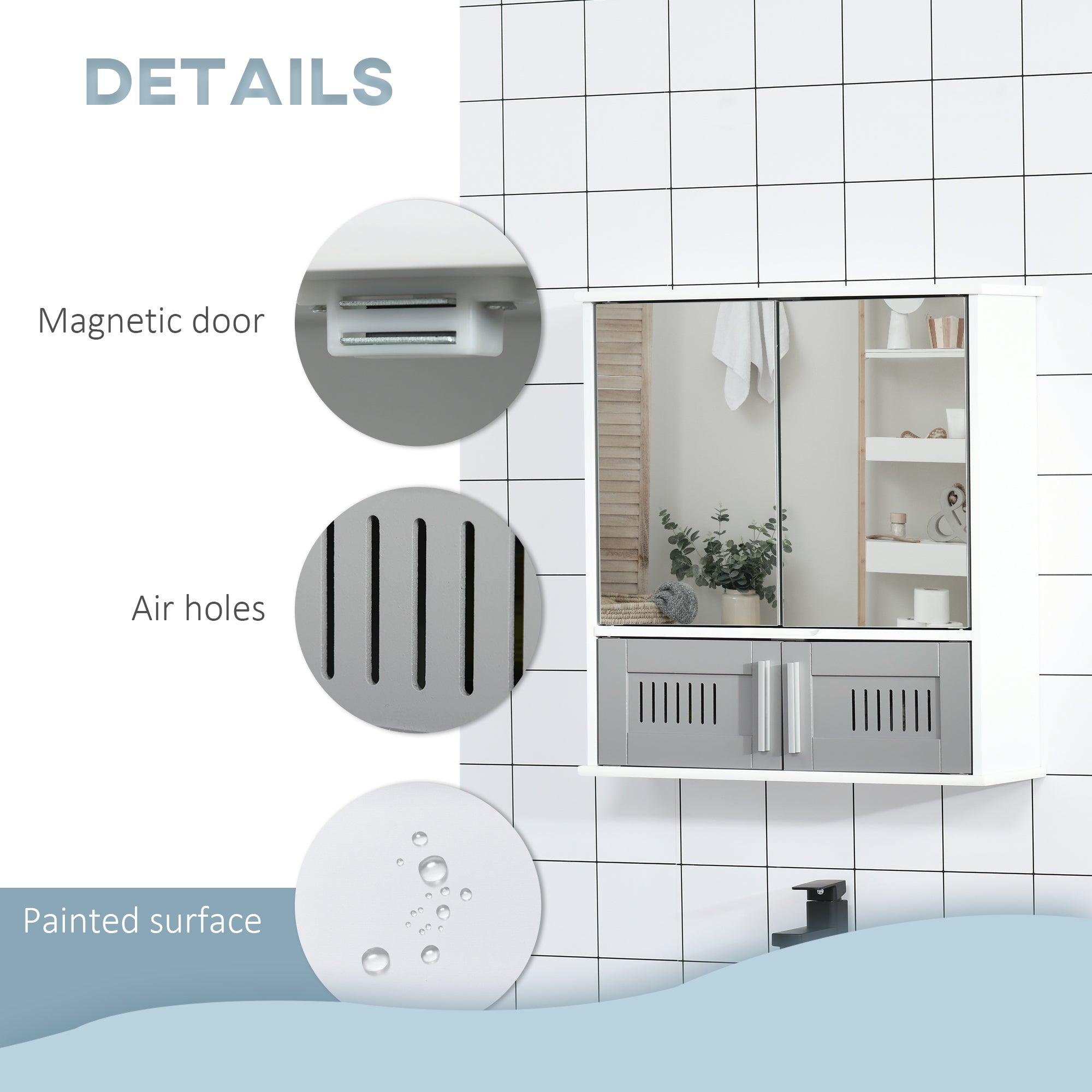 kleankin Bathroom Mirror Cabinet, Wall Mounted Storage Cupboard with Double Doors and Adjustable Shelf, Bathroom Organizer, Grey - North Peak Garden Furniture