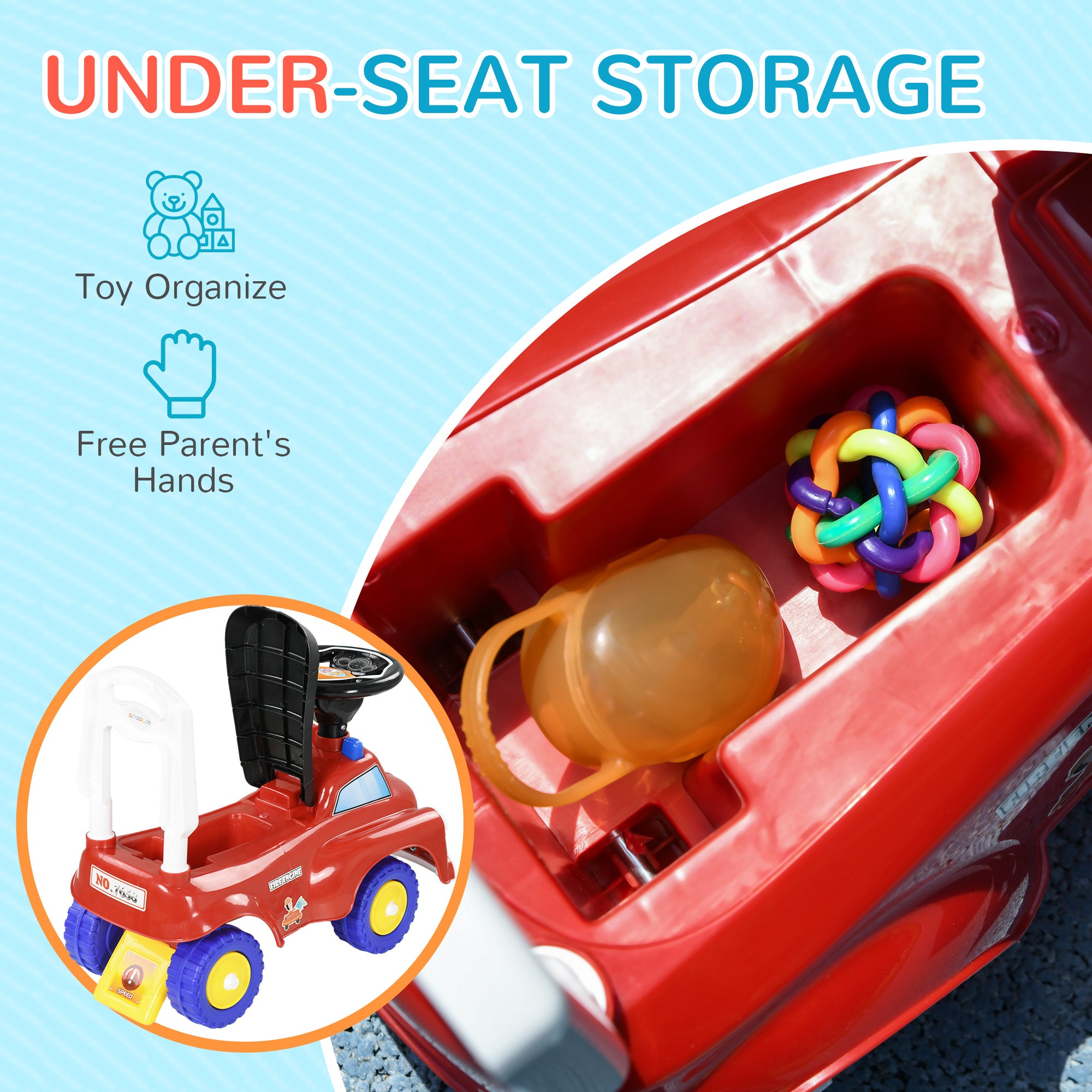 AIYAPLAY Ride On Fire Truck Foot to Floor Design with Under Seat Storage, Steering Wheel, Music, Light, for 1.5-3 Years, Red - North Peak Garden Furniture