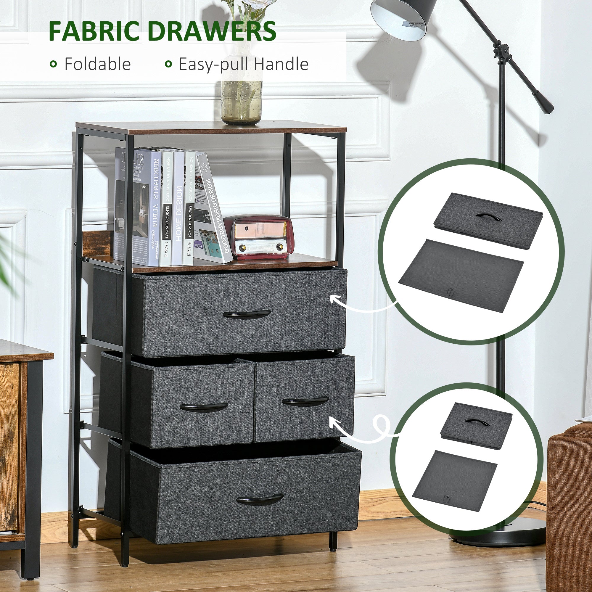 HOMCOM 4 Drawer Storage Chest Unit Home Cabinet w/ Shelves Home Living Room Bedroom Entryway Living Furniture, Black - North Peak Garden Furniture