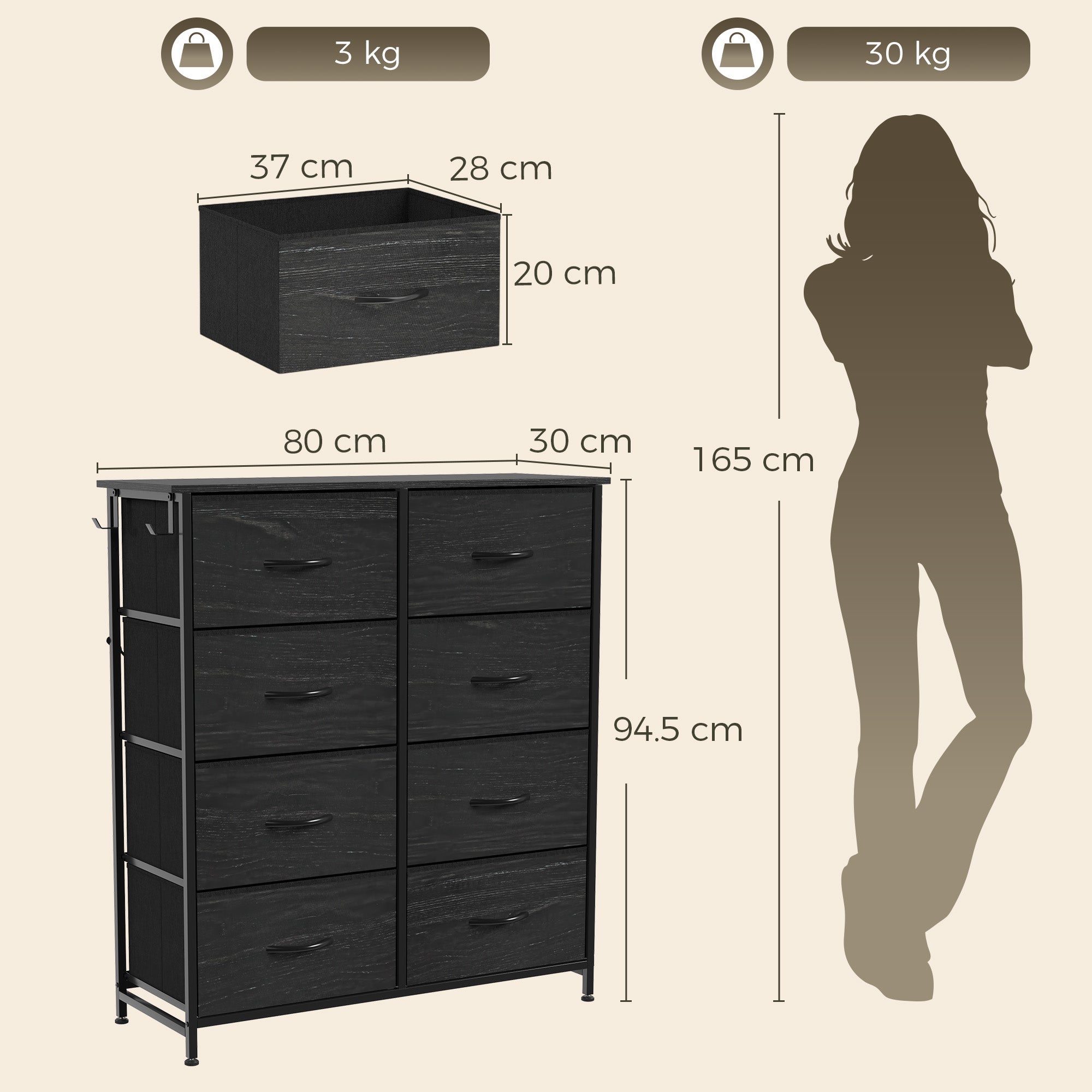 HOMCOM Chest of Drawers, Dresser with 8 Fabric Drawers, Tall Storage Unit with 4 Pockets and 2 Hooks Steel Frame, Black