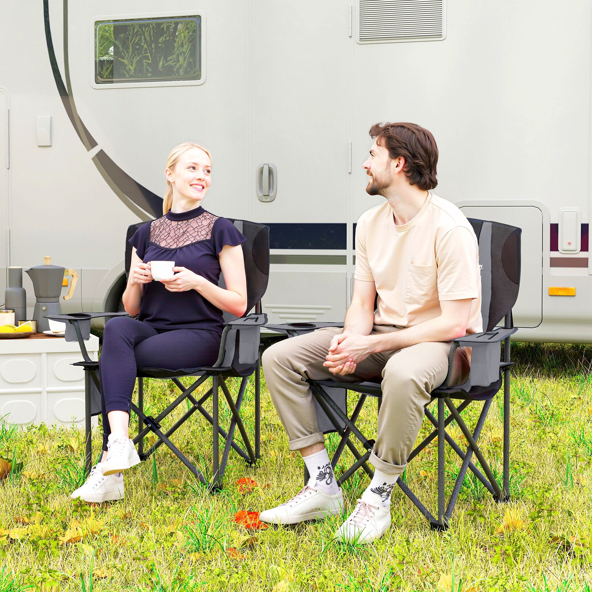 Outsunny Set of 2 Folding Camping Chairs, Padded Camping Chairs with Adjustable Armrests, Portable & Lightweight Folding Camp Chair with Cooler Bag, Cup Holder and Side Pockets, Grey - North Peak Garden Furniture