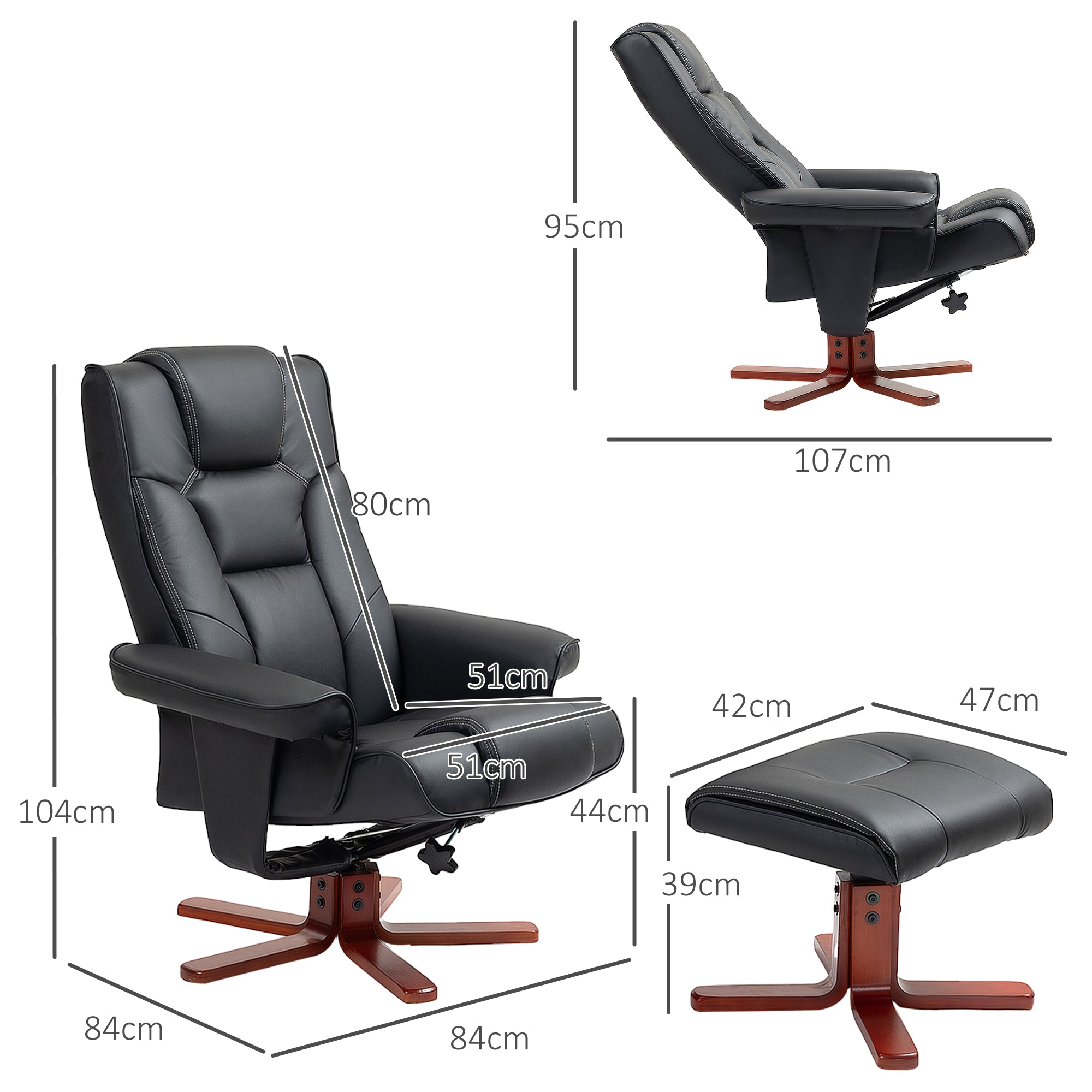 HOMCOM Faux Leather Manual Recliner and Footstool Set - Black - North Peak Garden Furniture