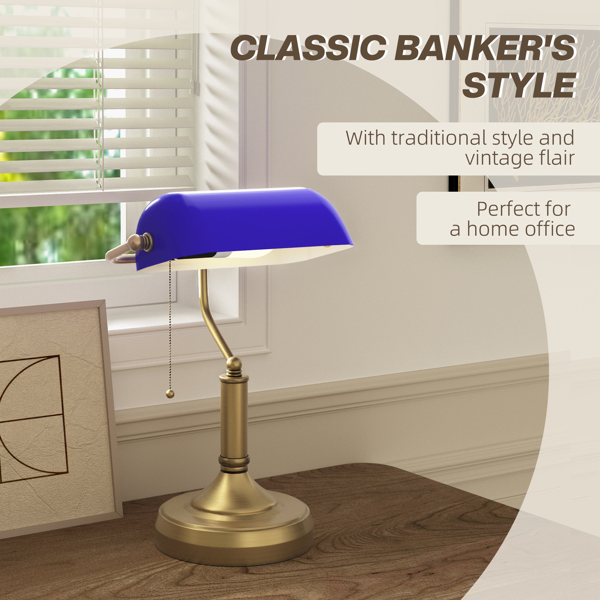 HOMCOM Banker's Desk Lamp with Antique Bronze Tone Base, Table Lamp with Blue Glass Shade for Home Office, Blue - North Peak Garden Furniture