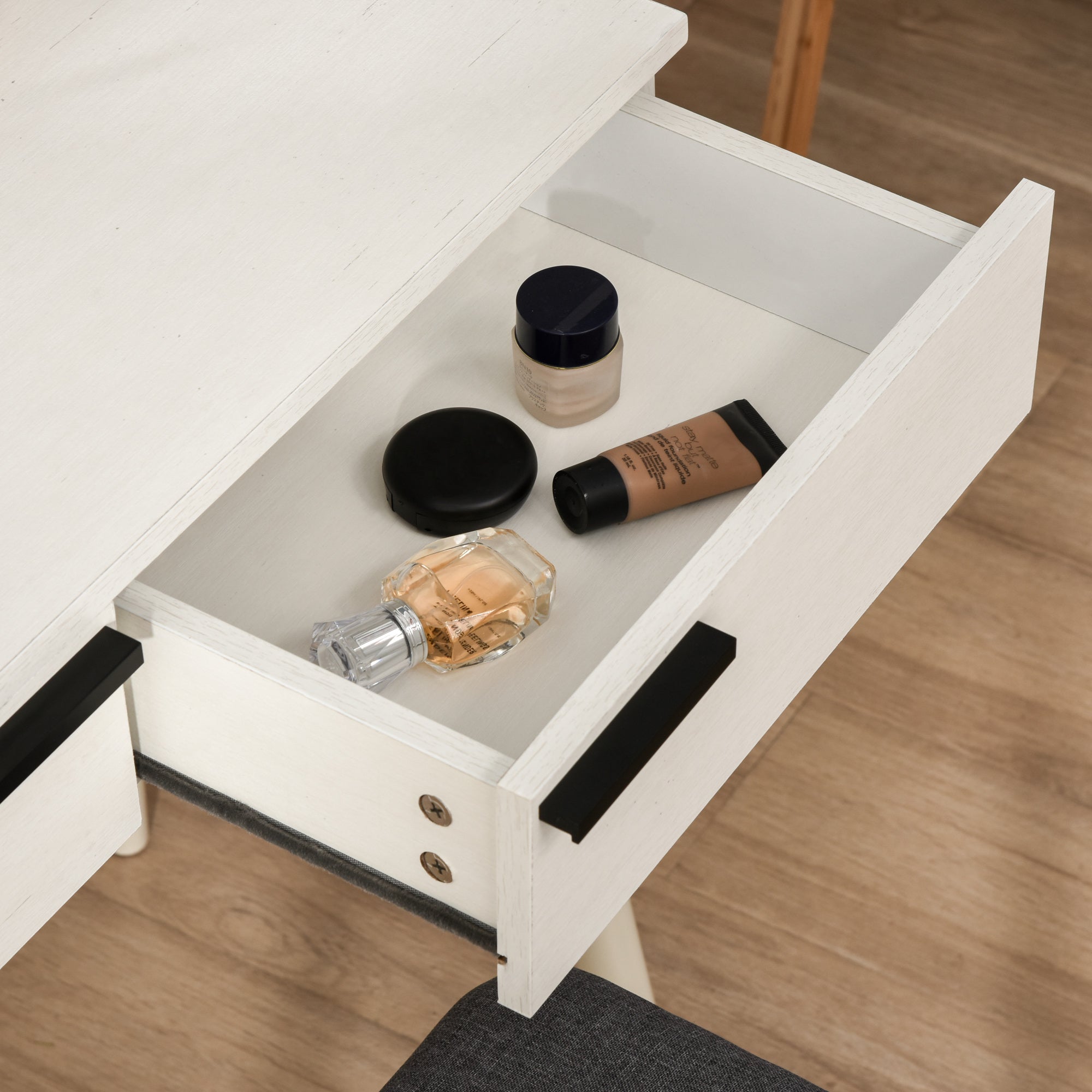 HOMCOM Dressing Table with Mirror and Stool, Vanity Makeup Desk Set with 2 Drawers, Cushioned Stool and Make-up Organizer for Bedroom and Dressing Room, White - North Peak Garden Furniture