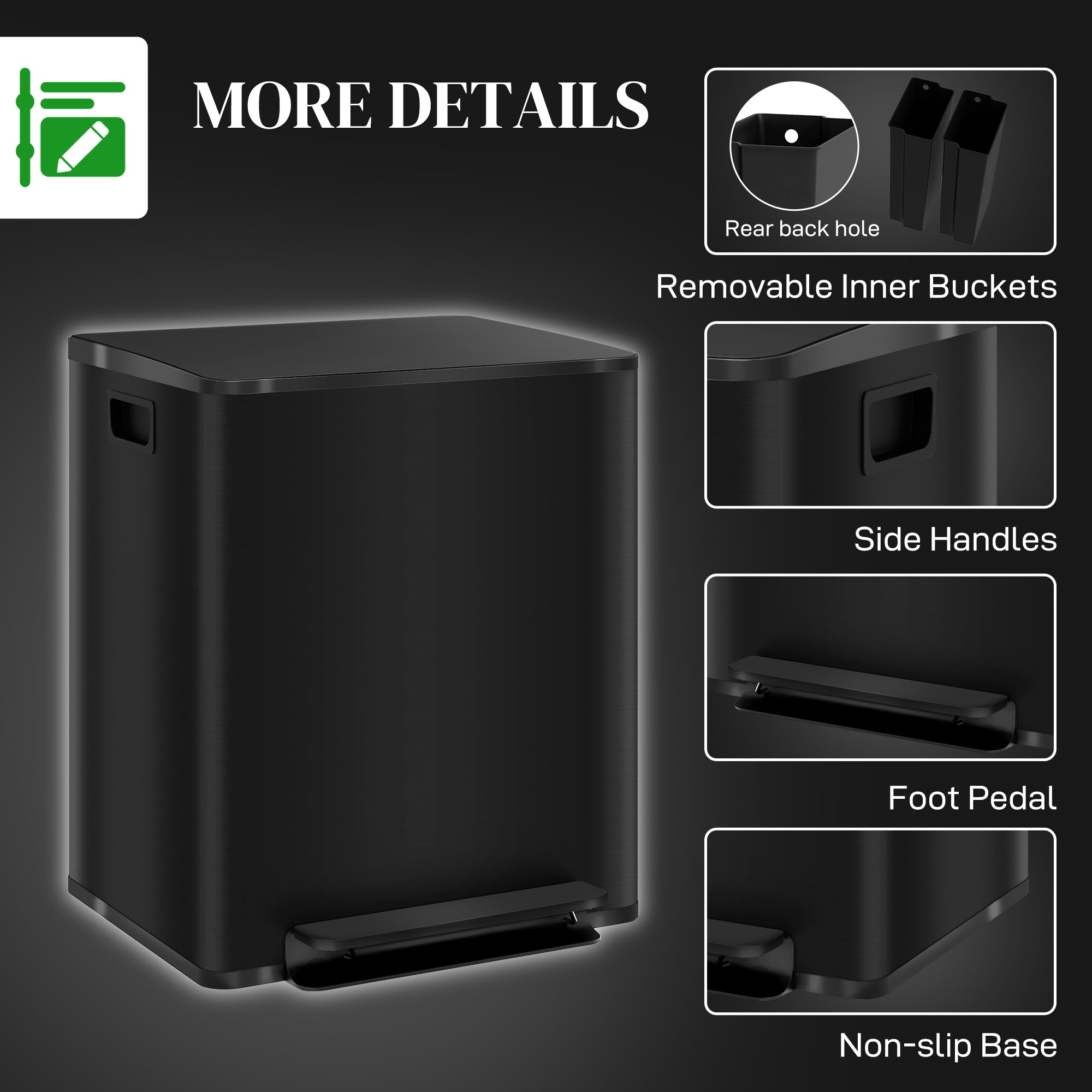 HOMCOM 50L Dual Compartment Stainless Steel Bin, with Deodoriser Holders - Black - North Peak Garden Furniture