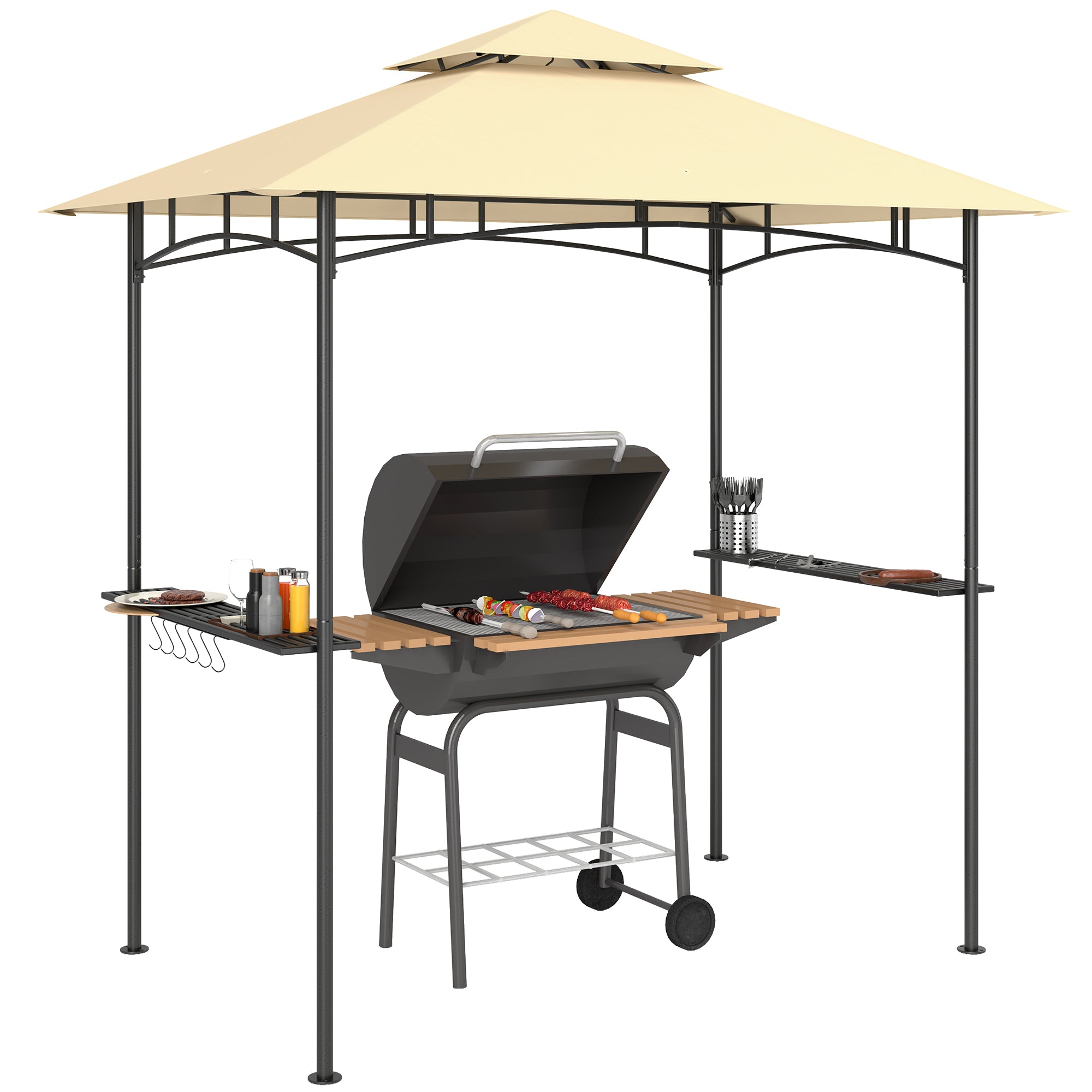 Outsunny 8' x 5' Grill Gazebo, Double Tiered BBQ Gazebo Shelter Canopy with LED Lights, 2 Side Shelves, Hooks, Beige - North Peak Garden Furniture