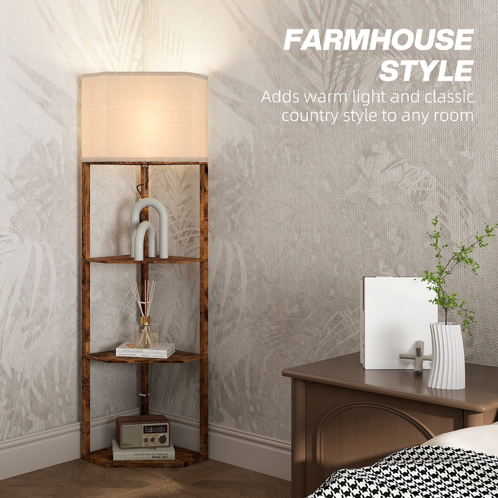 HOMCOM Corner Floor Light, with Shelves - Wood-Effect