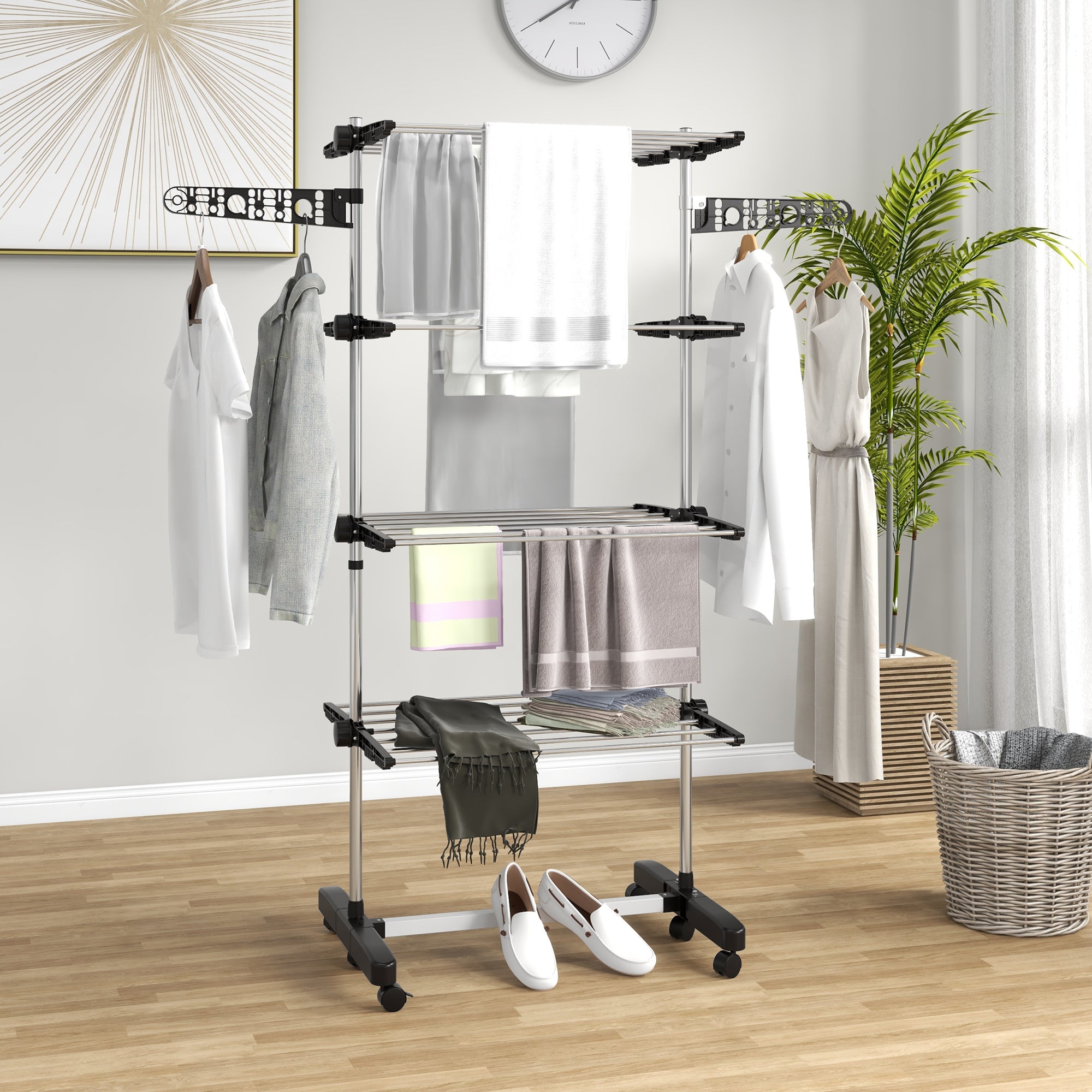 HOMCOM Four-Shelf Collapsing Clothes Horse, With Side Arms and Wheels - Black - North Peak Garden Furniture