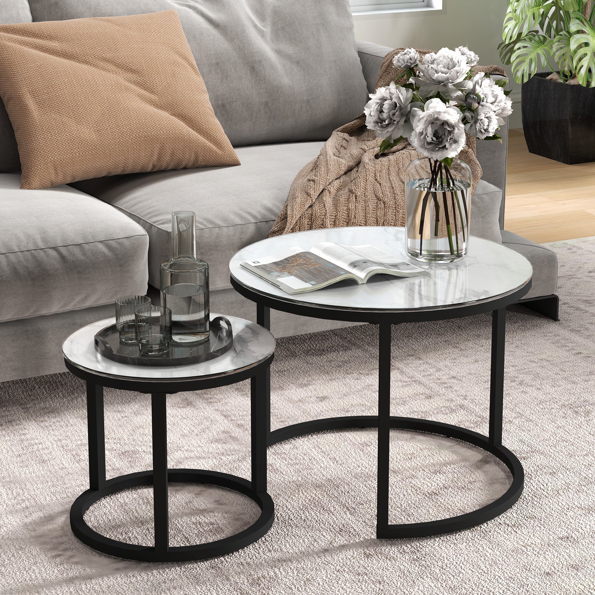 HOMCOM Glass Coffee Table Set of 2, Round Nest of Tables with Marble-Effect Tempered Glass Tabletop and Steel Frame, Modern Side Tables for Living Room, White - North Peak Garden Furniture