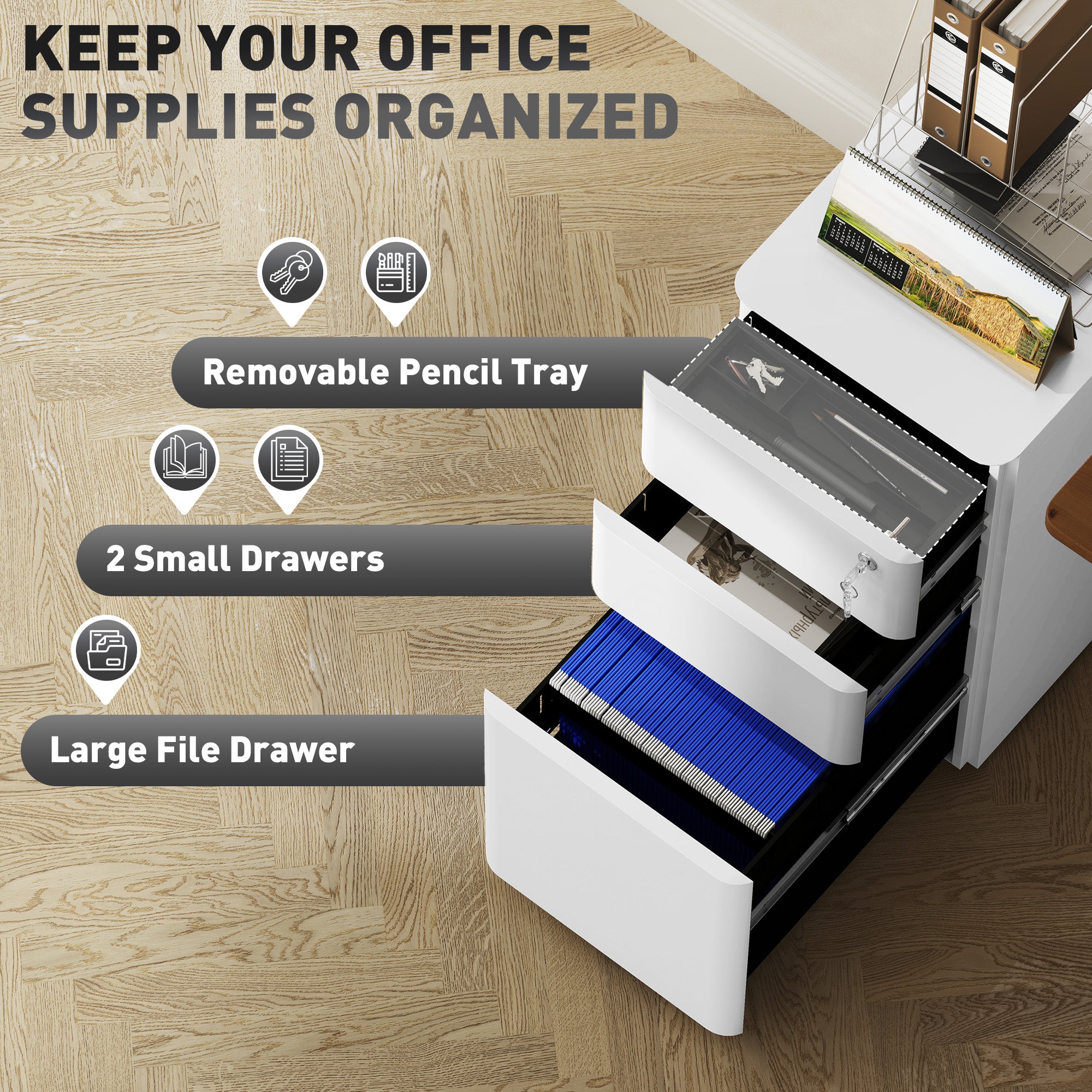 Vinsetto 3-Drawer Steel Filing Cabinet with Lock - White - North Peak Garden Furniture