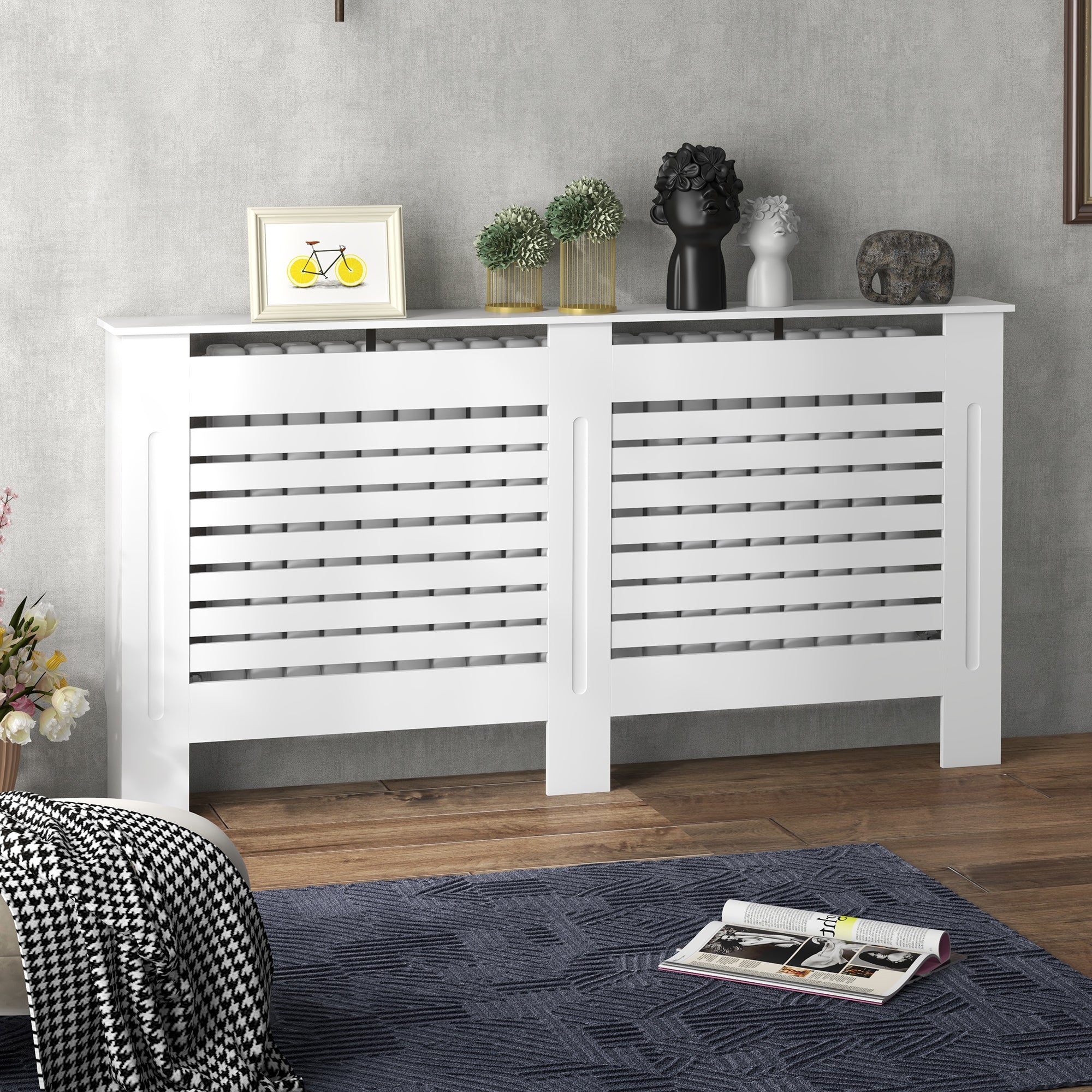 HOMCOM Radiator Cover, Modern MDF White Painted Cabinet with Horizontal Slats for Living Room, Bedroom, 152L x 19W x 81H cm - North Peak Garden Furniture