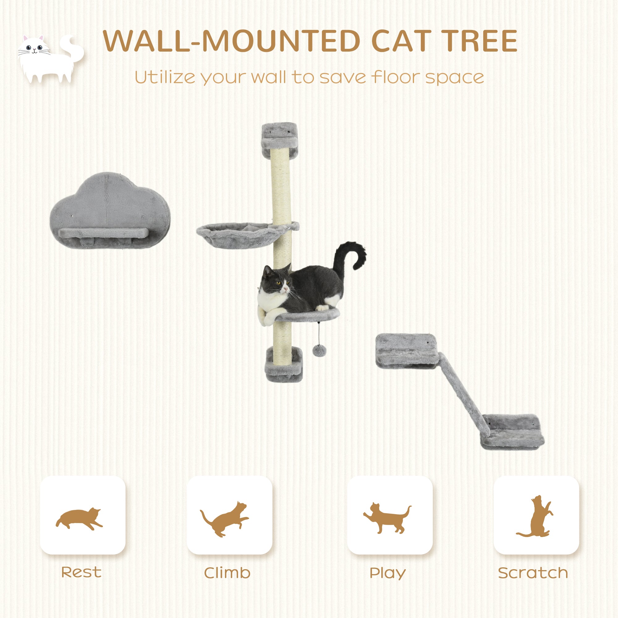 PawHut Three-Piece Wall-Mounted Cat Shelves, with Hammock, Ladder, Platforms, Scratching Post - Grey - North Peak Garden Furniture