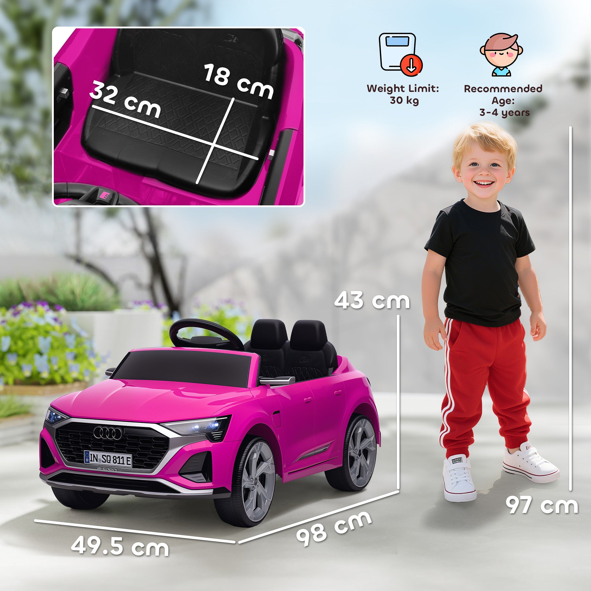 AIYAPLAY Audi Q8 e-tron Sportback Licensed 12V Ride on Car w/ Remote, 4 Spring Suspension Wheels, Headlights, Music, Horn - Pink