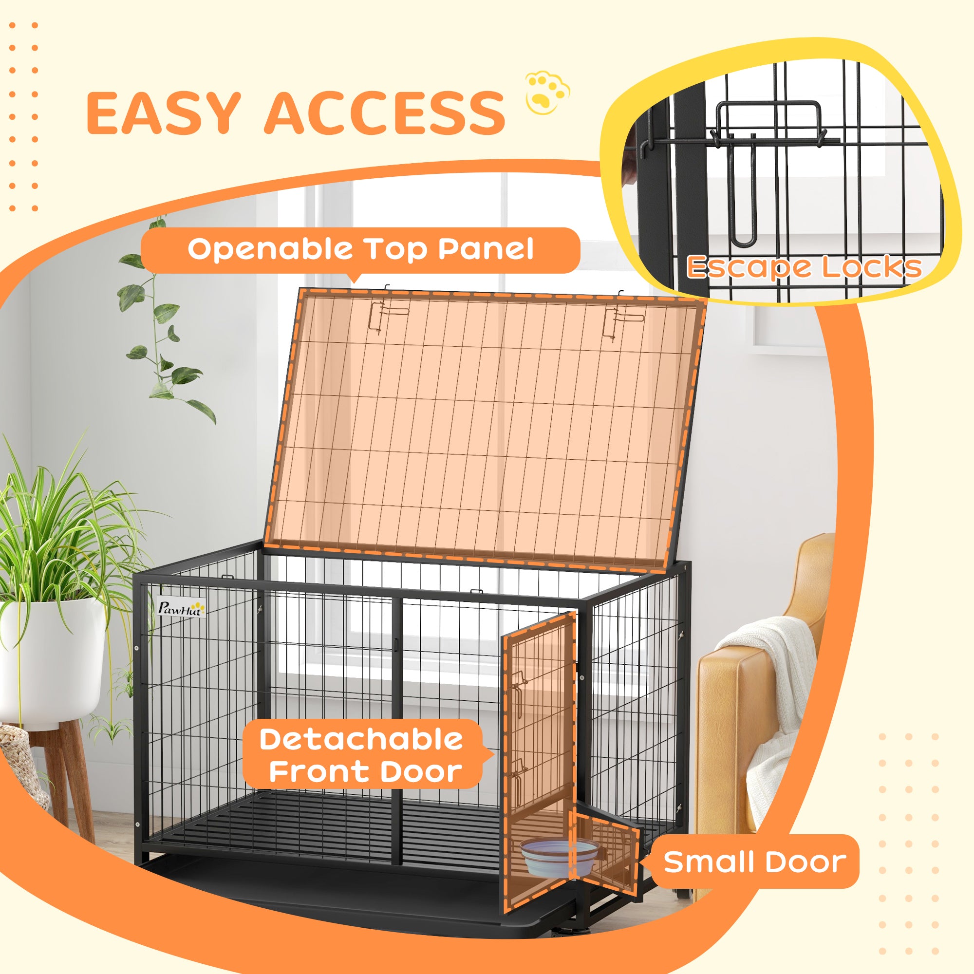 PawHut Heavy Duty Dog Crate on Wheels w/ Bowl Holder, Removable Tray, Openable Top, Detachable Door, for L, XL Dogs - North Peak Garden Furniture