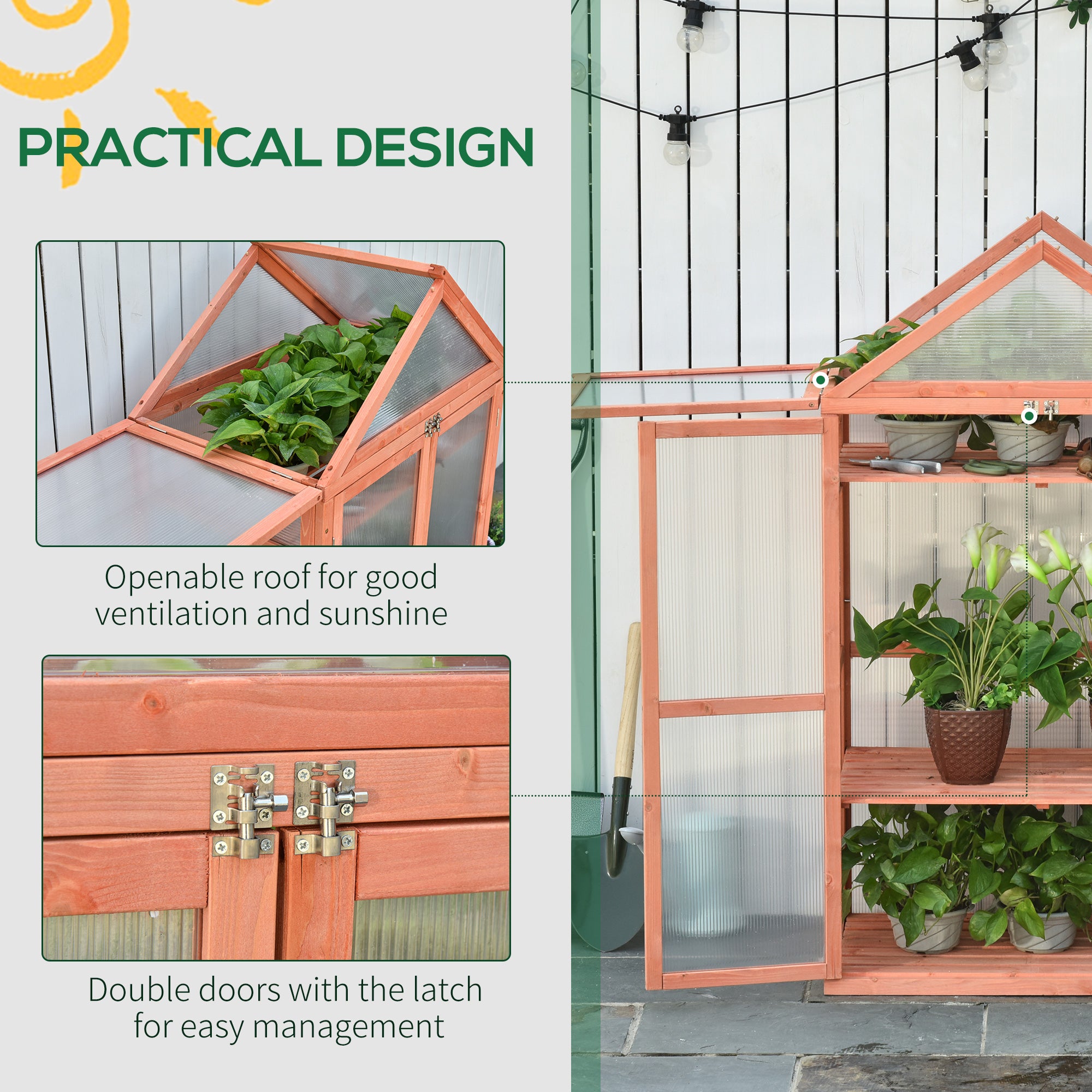 Outsunny Garden Cold Frame Polycarbonate Greenhouse with Adjustable Shelves, Double Doors, Openable Top Covers, Grow House for Flower Vegetable Plants, 80 x 47 x 138cm, Orange