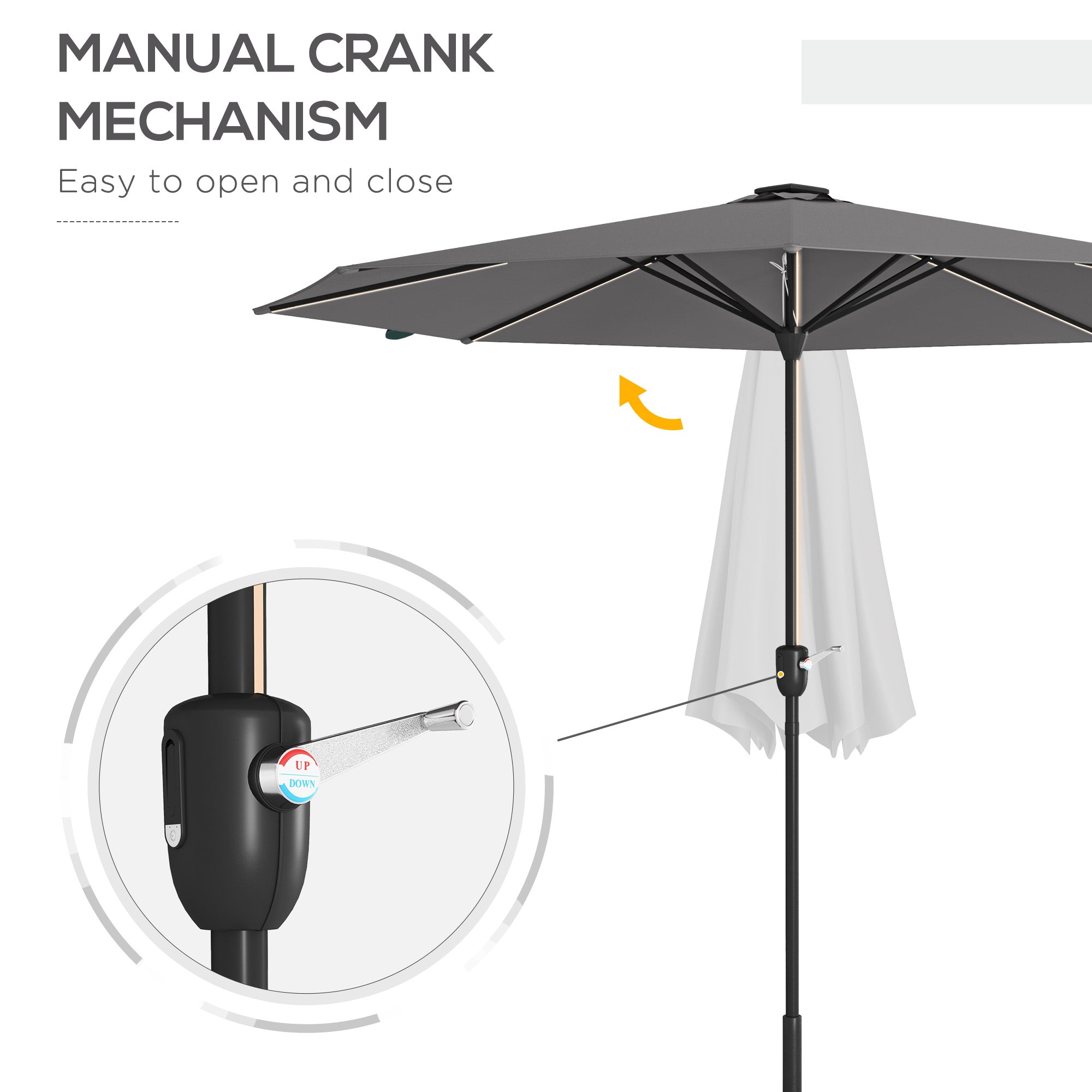 Outsunny 2.65m Garden Parasol, with LED Lights - Dark Grey - North Peak Garden Furniture