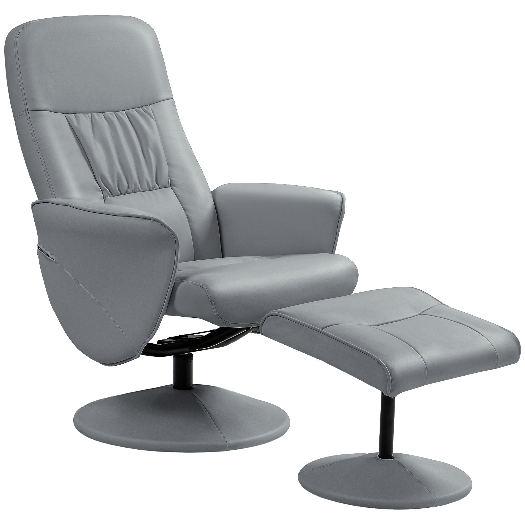 HOMCOM Swivel Recliner Chair with Footstool, PU Leather Armchair and Ottoman with High Back and Round Base for Living Room, Light Grey - North Peak Garden Furniture