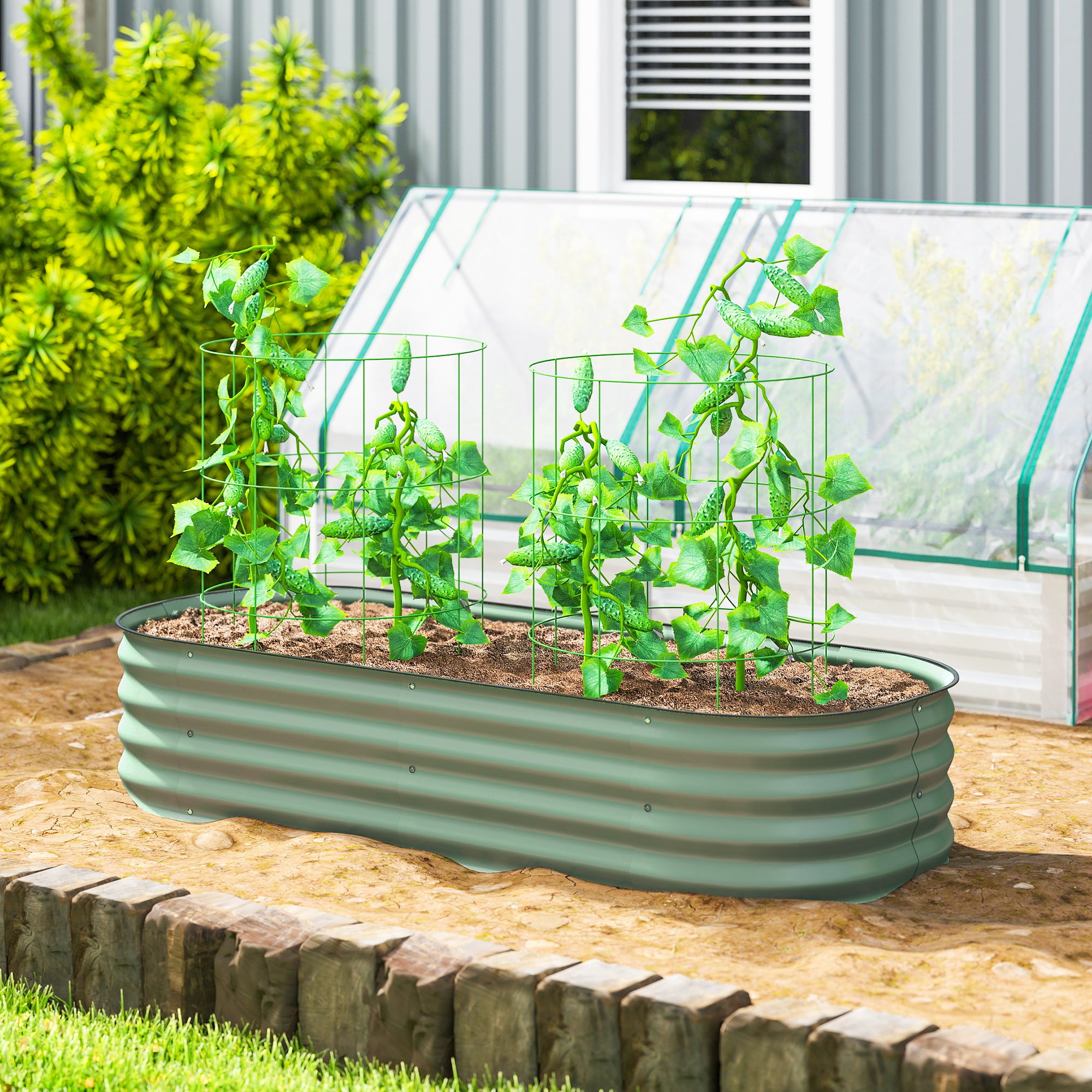 Outsunny Galvanised Raised Garden Bed, Metal Planter Box with Safety Edging, for Flowers, Herbs, Succulents, Green