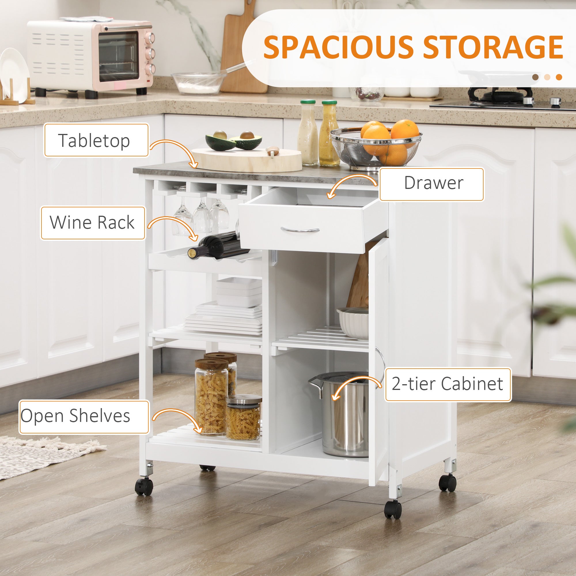 HOMCOM Compact Kitchen Trolley Utility Cart on Wheels with Wine Rack, Drawer, Open Shelf and Storage Cabinet for Dining Room, White - North Peak Garden Furniture