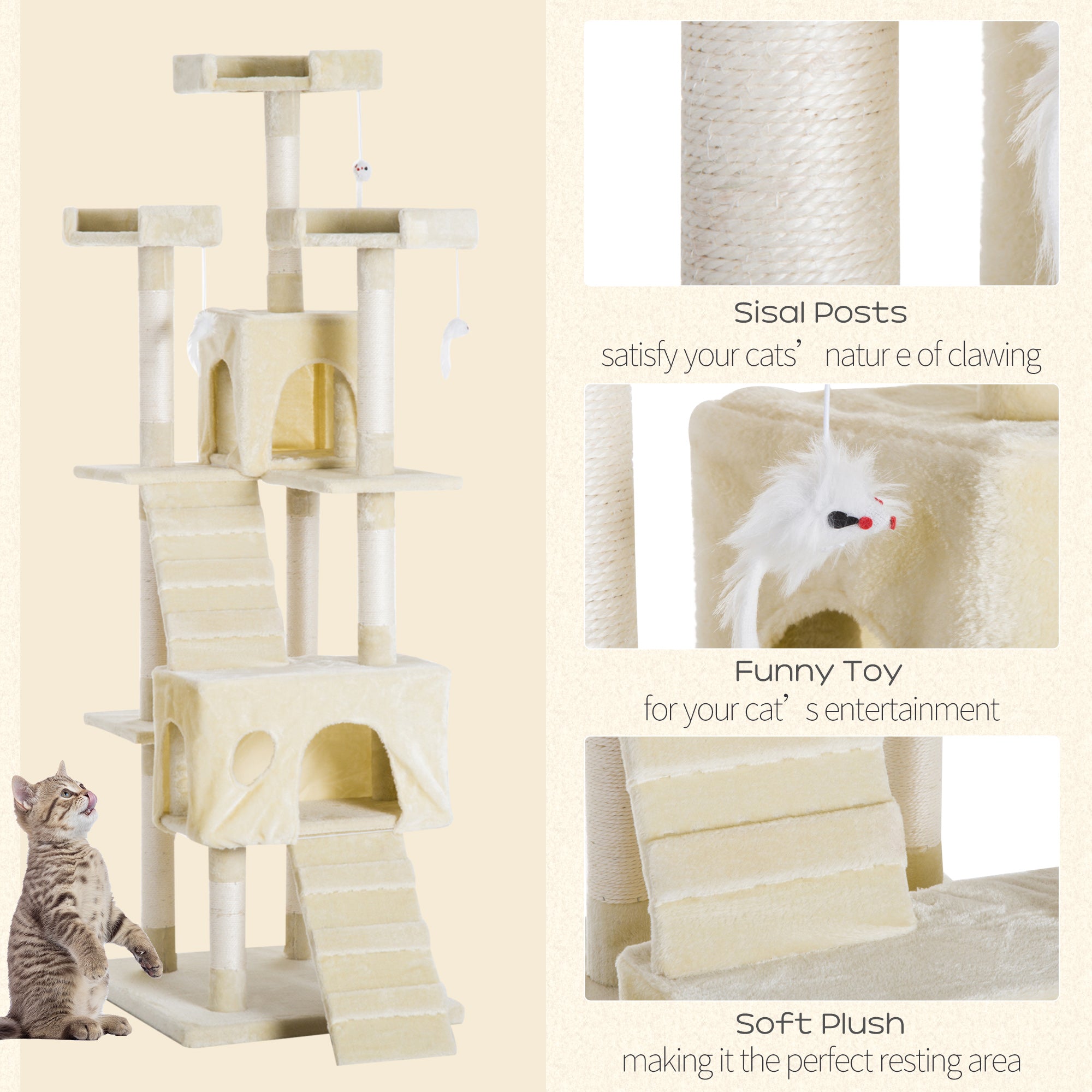 PawHut Multi-Level Cat Tower, Sisal Kitten Tree with Scratch Post, Climbing Toy Bed, 181cm(H), Durable