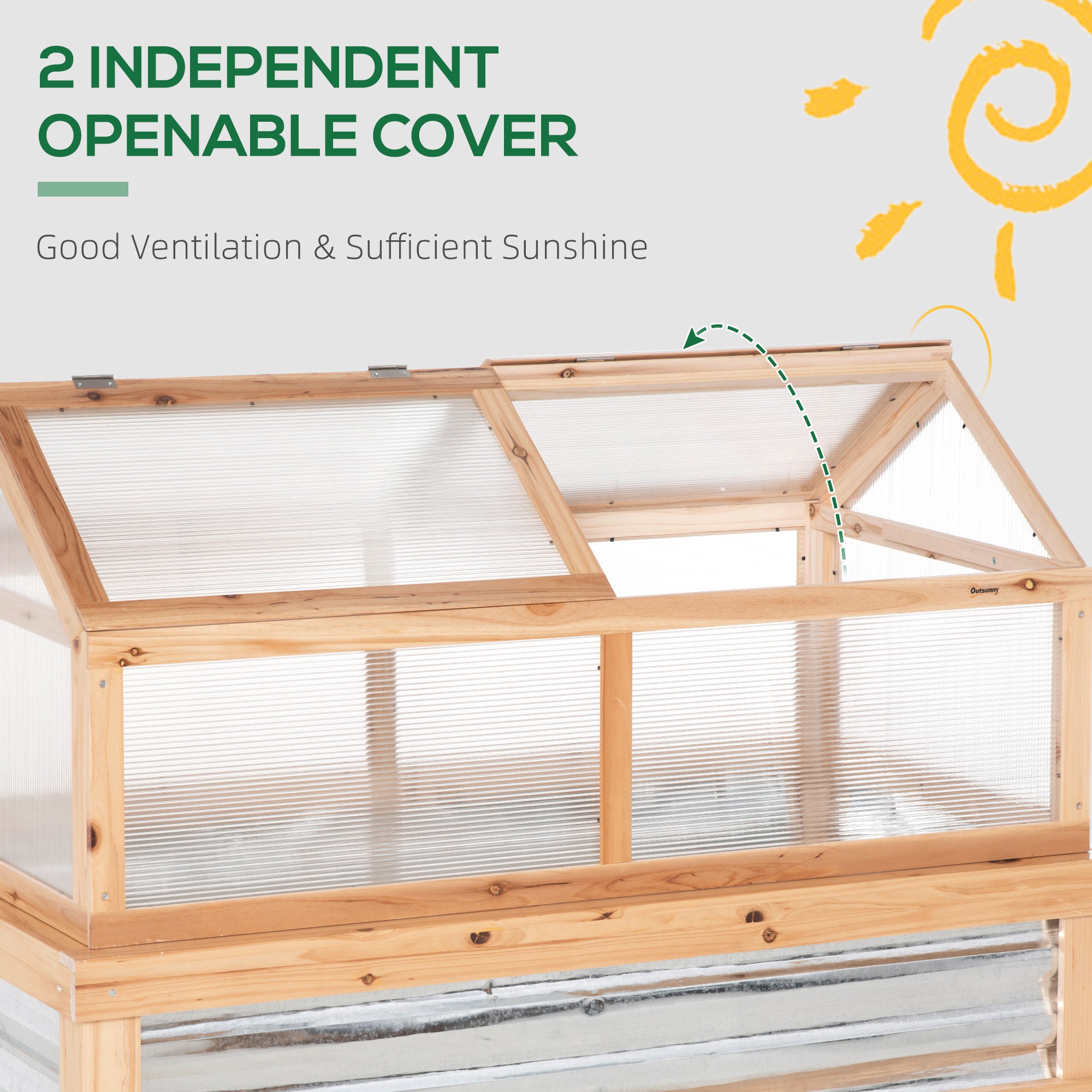 Outsunny Raised Garden Bed with Greenhouse Top, Garden Wooden Cold Frame Greenhouse Flower Planter Protection with 2 Independent Roofs, 122x 61 x 82cm, Natural - North Peak Garden Furniture