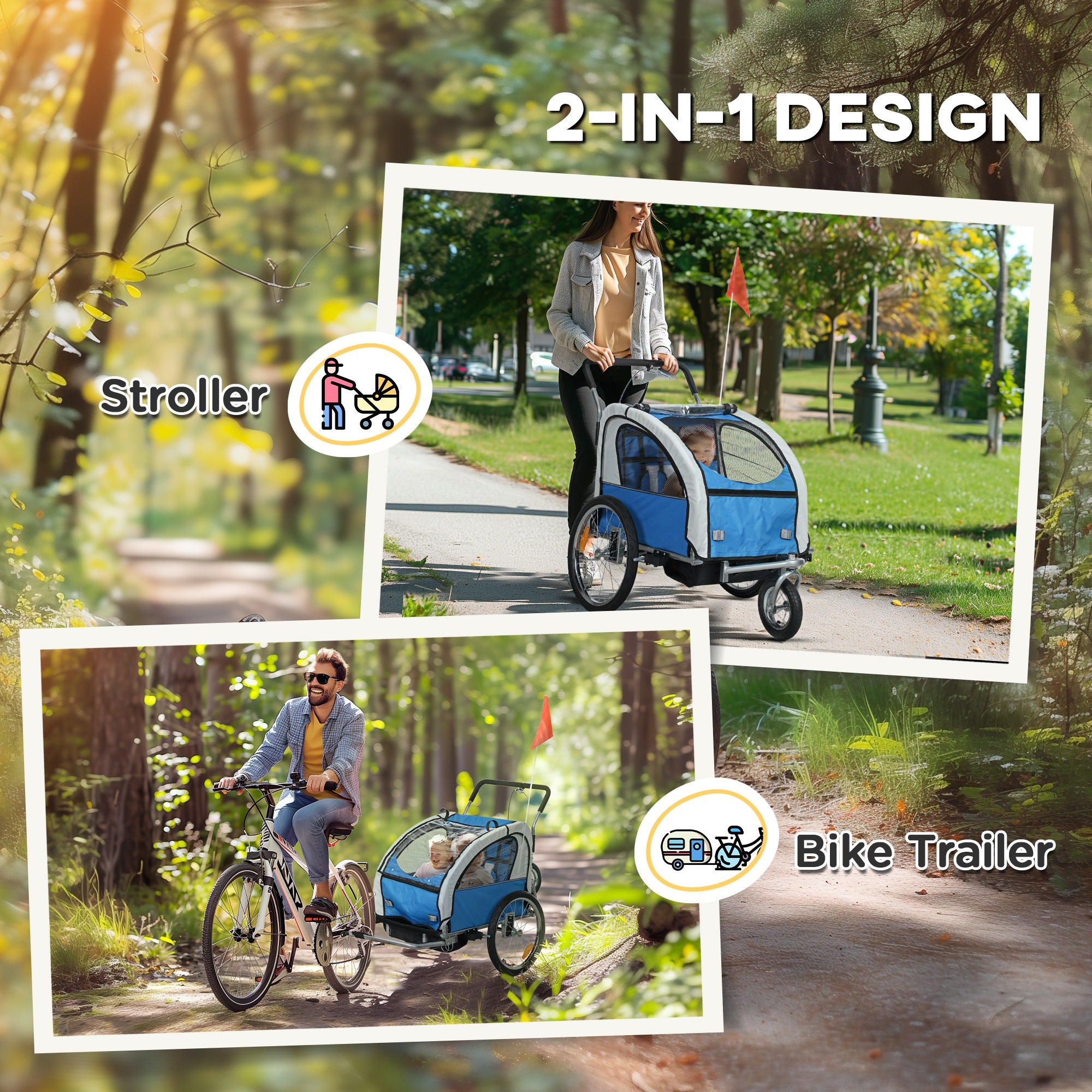 HOMCOM 2 Seat Bike Trailer with 5 Point Harness, Baby Bike Stroller with Safety Flag, Reflectors, for 18+ Months, Blue - North Peak Garden Furniture