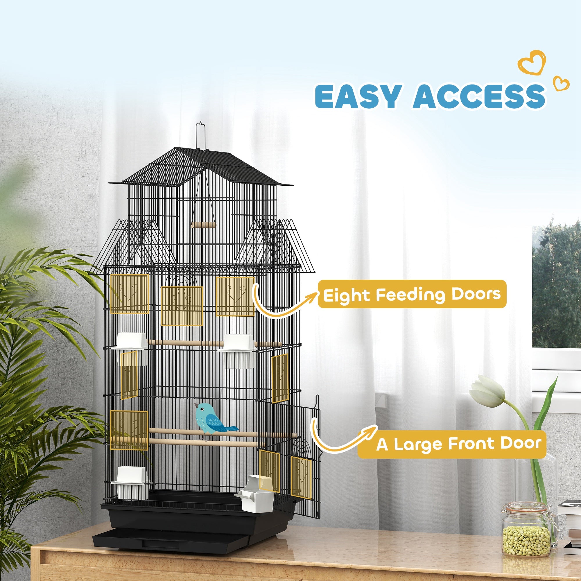 PawHut Metal Bird Cage with Plastic Swing, Perch, Food Container, Tray, Handle, for Finches, Canaries, 43 x 32.5 x 104cm - North Peak Garden Furniture
