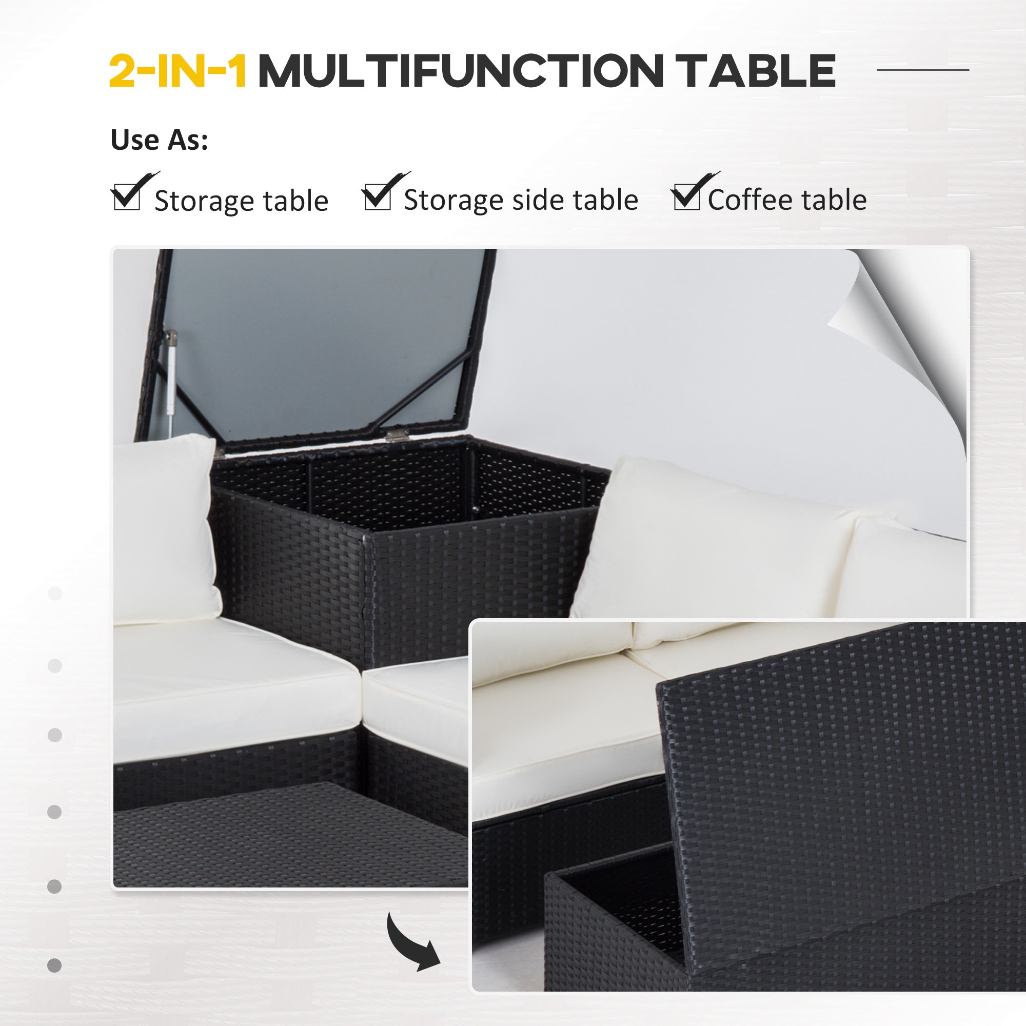 Outsunny 6PC Rattan Corner Sofa Set Wicker 4 Seater Garden Storage Coffee Table Conversation Ottoman Outdoor Weave Furniture w/ Cushion Black - North Peak Garden Furniture