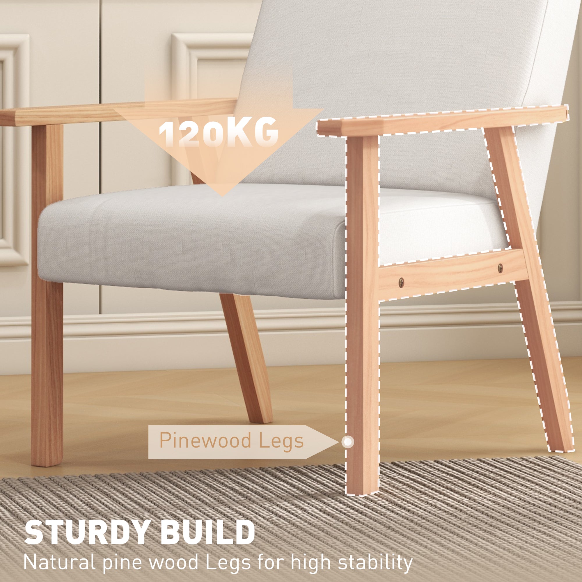 HOMCOM Accent Chair Wood Frame with Thick Linen Cushions Wide Seat Armchair Home Furniture Bedroom Office Cream White - North Peak Garden Furniture