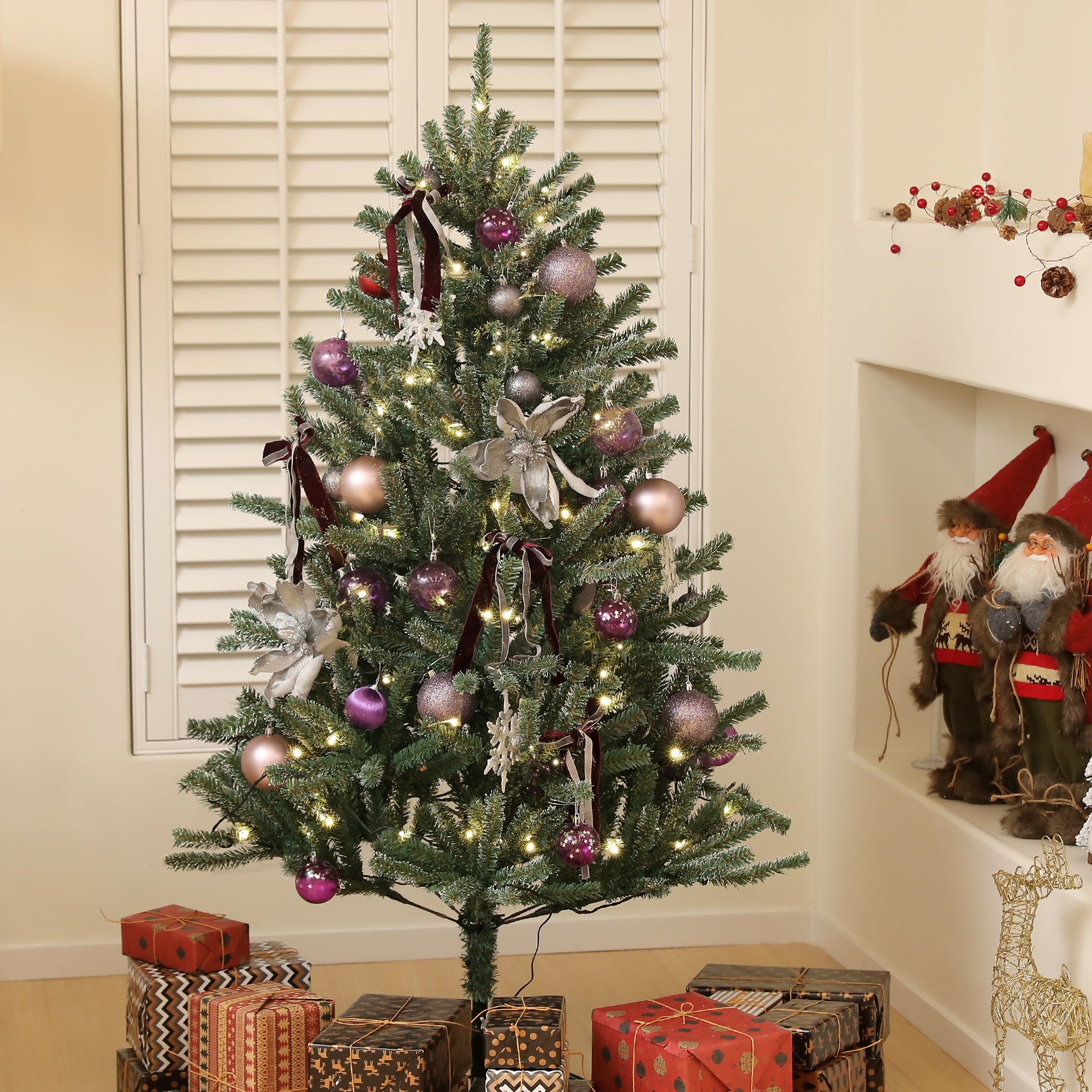 HOMCOM 5ft Artificial Christmas Tree, with Purple Decorations and Lights - North Peak Garden Furniture
