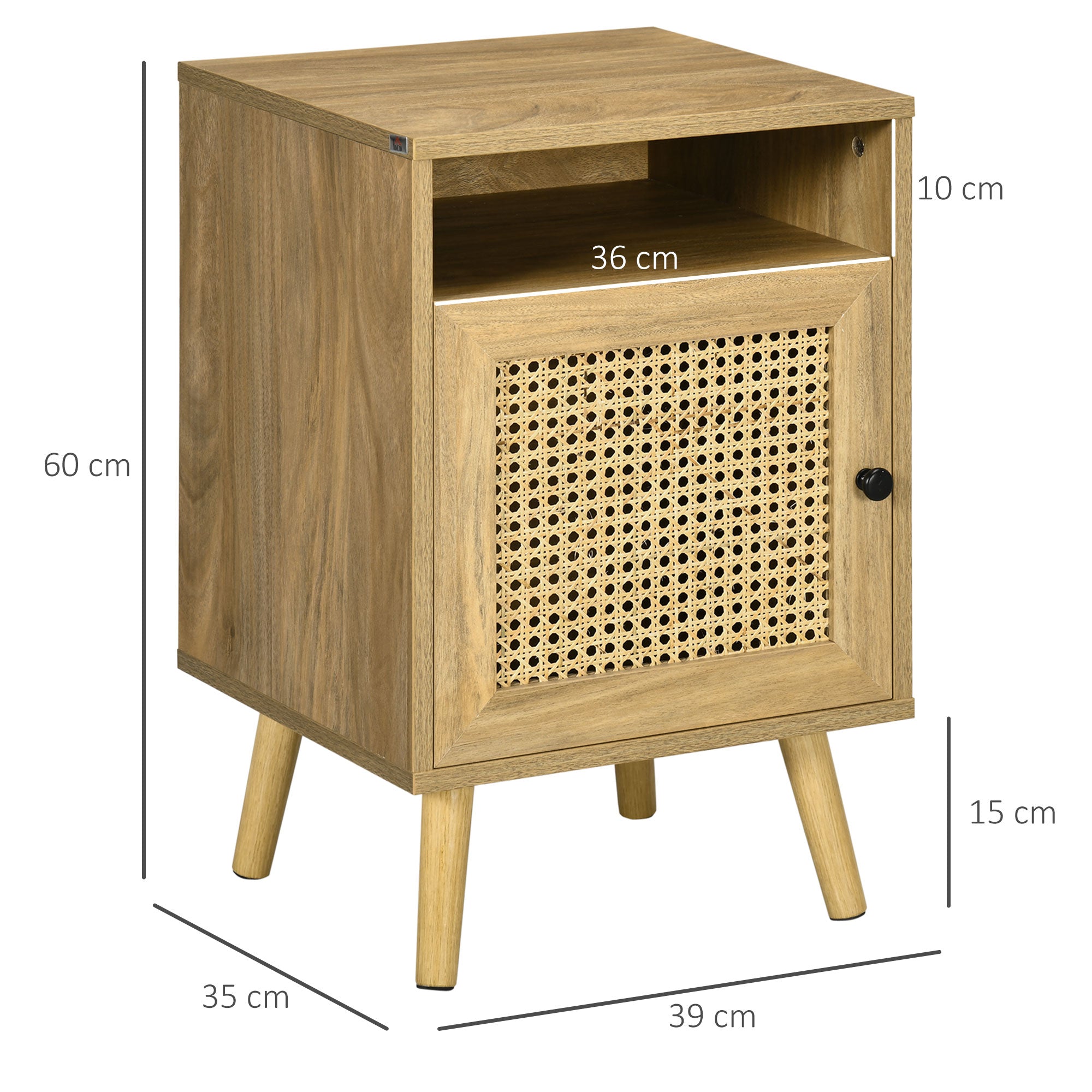 HOMCOM Bedside Table with Rattan Element, Side End Table with Shelf and Cupboard, 39cmx35cmx60cm, Set of 2, Natural