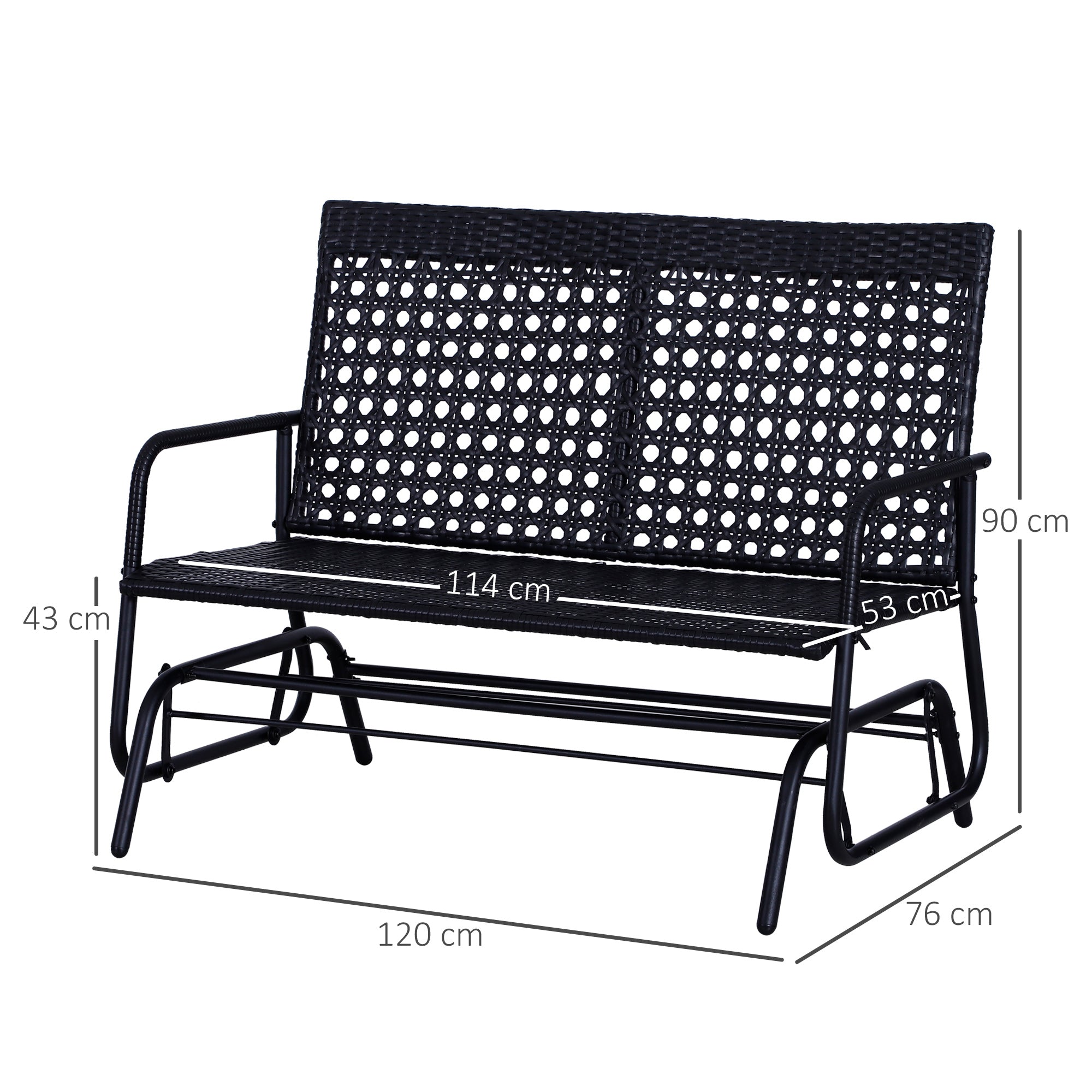 Outsunny 2 Seater PE Rattan Glider Bench, Outdoor Loveseat Chair with Steel Frame, Porch Rocking Glider for 2 Person with Armchair, High Back, Black - North Peak Garden Furniture